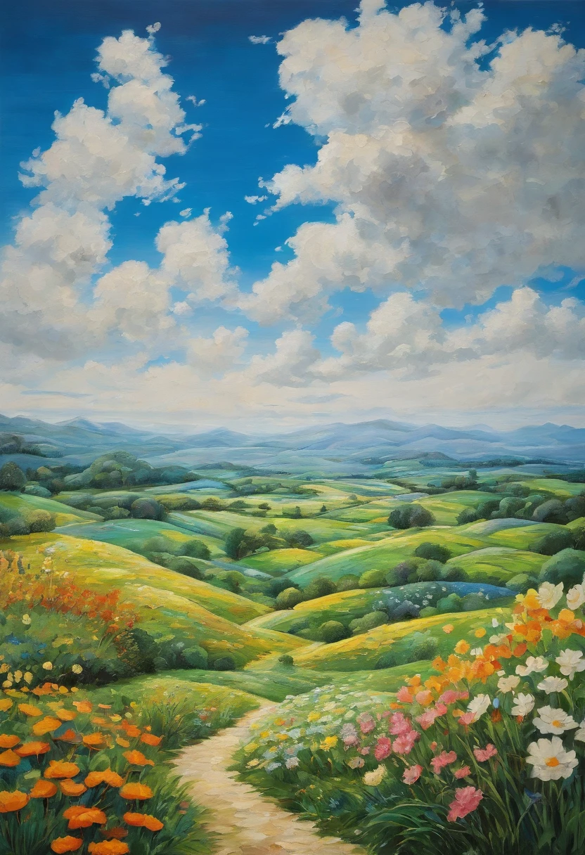 Realistic, authentic, beautiful and amazing landscape oil painting Studio Ghibli Hayao Miyazaki's petal grassland with blue sky and white clouds
