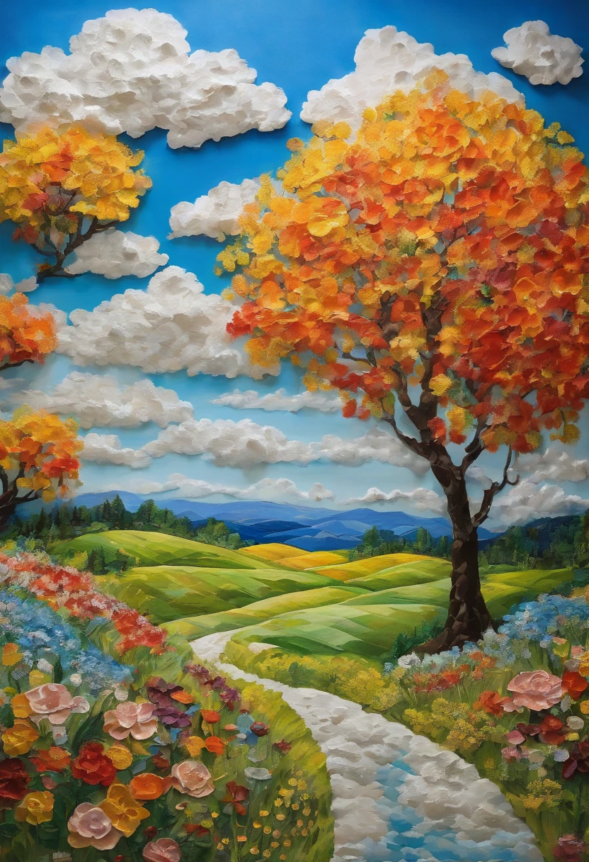 Realistic, authentic, beautiful and amazing landscape oil painting Studio Ghibli Hayao Miyazaki's petal grassland with blue sky and white clouds