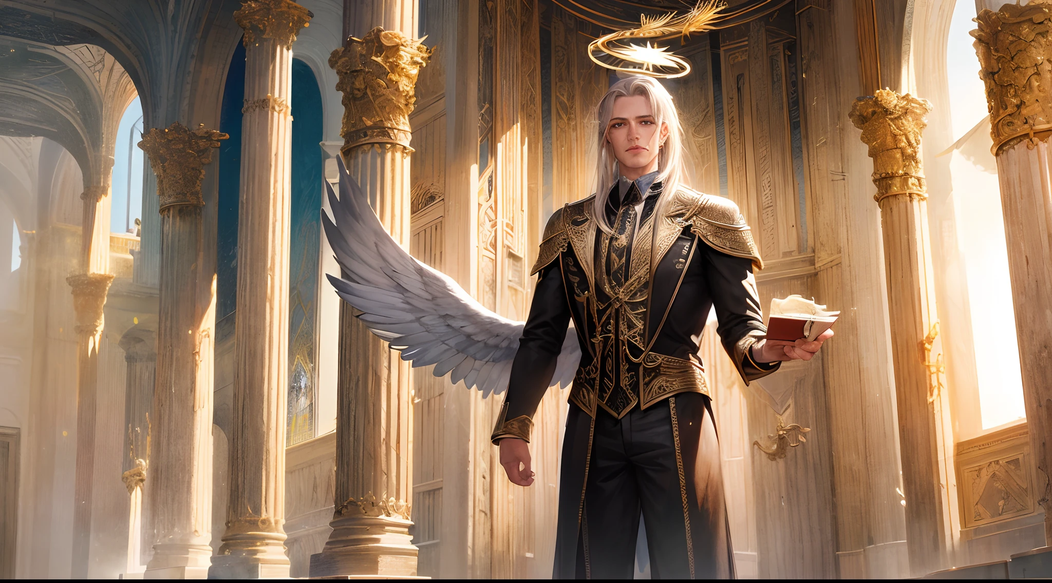a poster of a man standing in front of a giant angel, symmetrical epic fantasy art, the allfather, epic fantasy sci fi illustration, epic scifi fantasy art, the angel of death, inspired by Aleksi Briclot, angel watching demon, the angel of death with a halo, archangel, epic fantasy novel cover art, angel of death, fantasy dark art