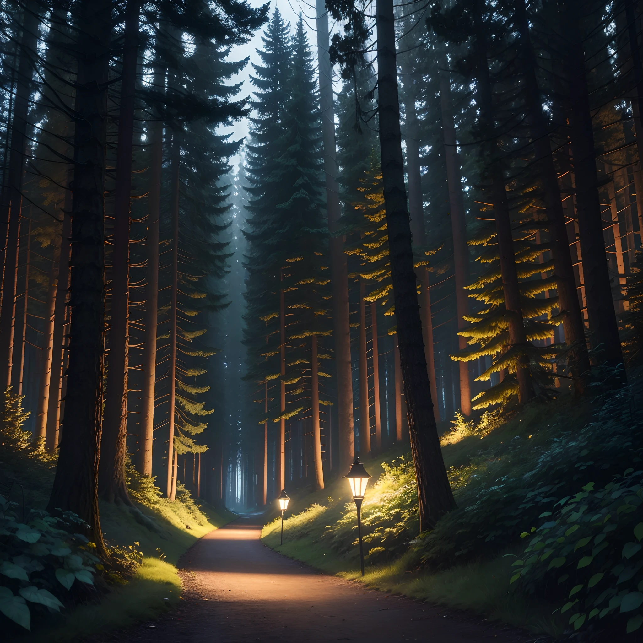 Pathway in the dark evergreen forests in the nighttime pitch black sky and 90's lamp all the way along the pathway making it luminous hyper realistic ultra hd 8k quality