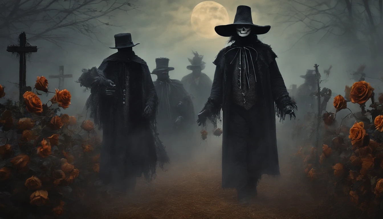 a cemetery with a black woman with half a woman's face and half a skull, long wavy hair wearing a medieval black dress and hat. On your right a black man in a white suit and red tie wearing a Panama hat, with a cigarette and beer in hand