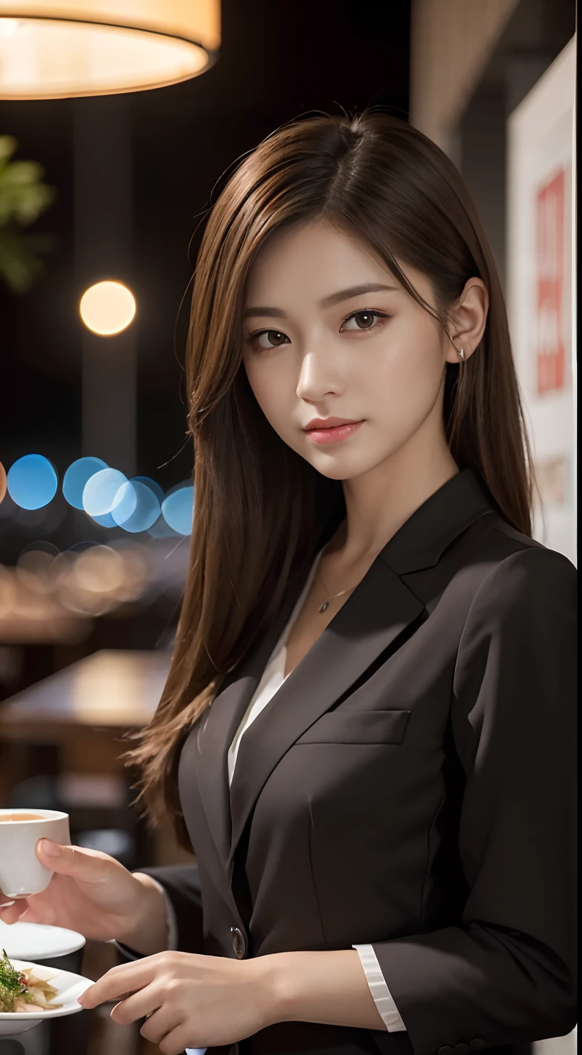 Masterpiece, Best quality, Photorealistic, Ultra-detailed, finedetail, high resolution, 8K wallpaper, 1 beautiful woman, Wear casual business attire, In excellent restaurant, At night, Light brown messy hair, Perfect dynamic composition, Beautiful detailed eyes