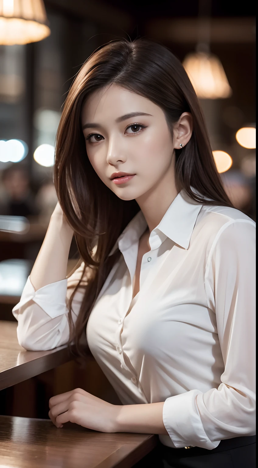 Masterpiece, Best quality, Photorealistic, Ultra-detailed, finedetail, high resolution, 8K wallpaper, 1 beautiful woman, Wear casual business attire, In excellent restaurant, At night, Light brown messy hair, Perfect dynamic composition, Beautiful detailed eyes