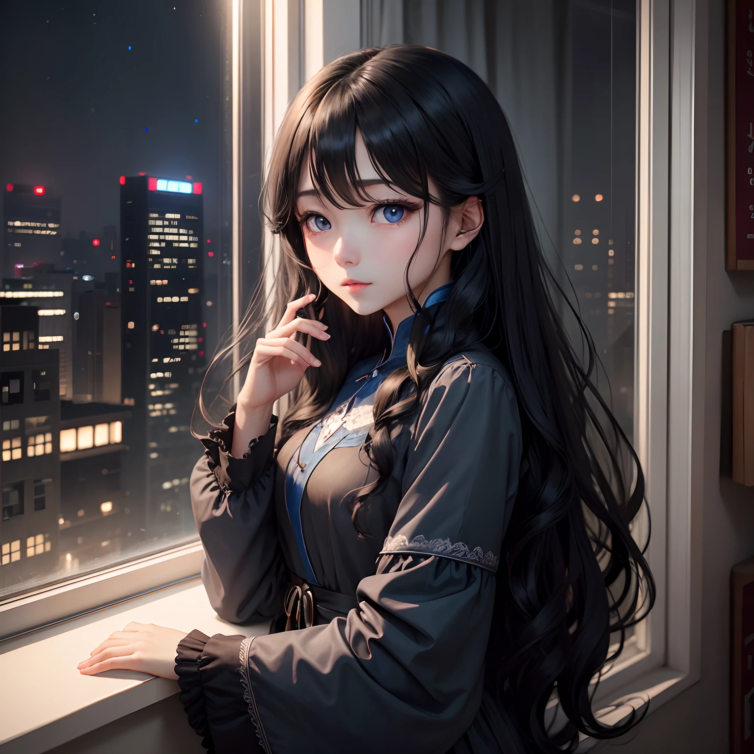 long, Wavy black hair、Blue eyes、femele、Night outside the window