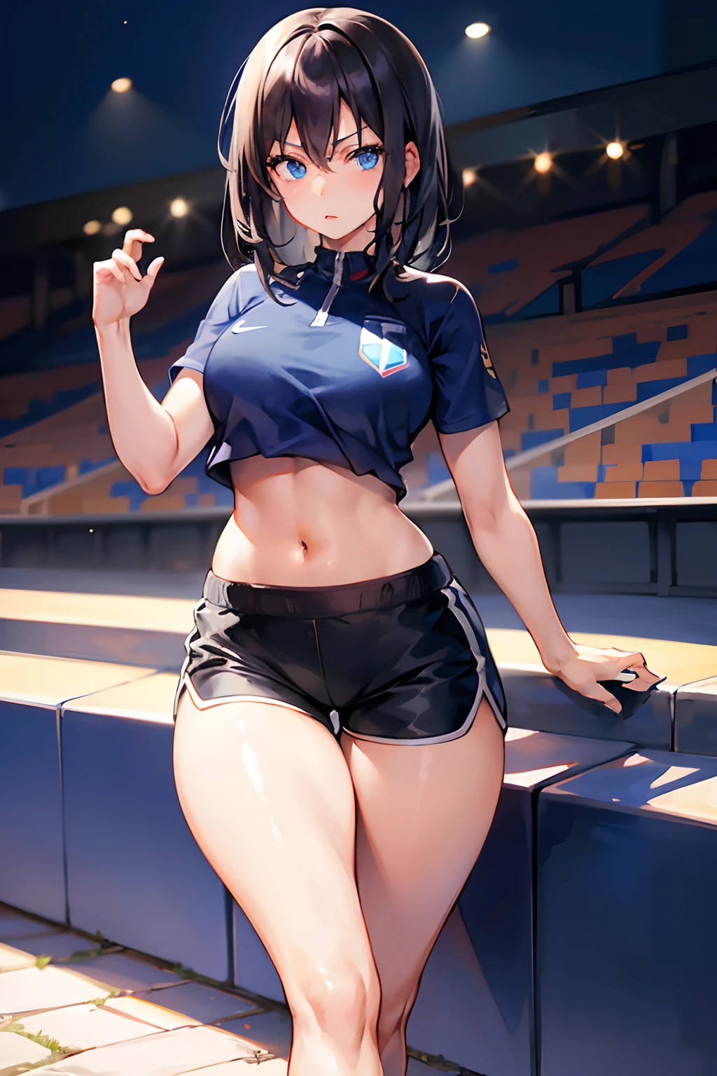 Girl, black hair, dark blue Shirt, France Soccer Clothing, France Football Kit, ((Dark blue shorts))Nike Dark Blue shorts, Perfectly Detailed, Stadium Soccer Field Background, full body, Thicc hips, thighs butt, football field