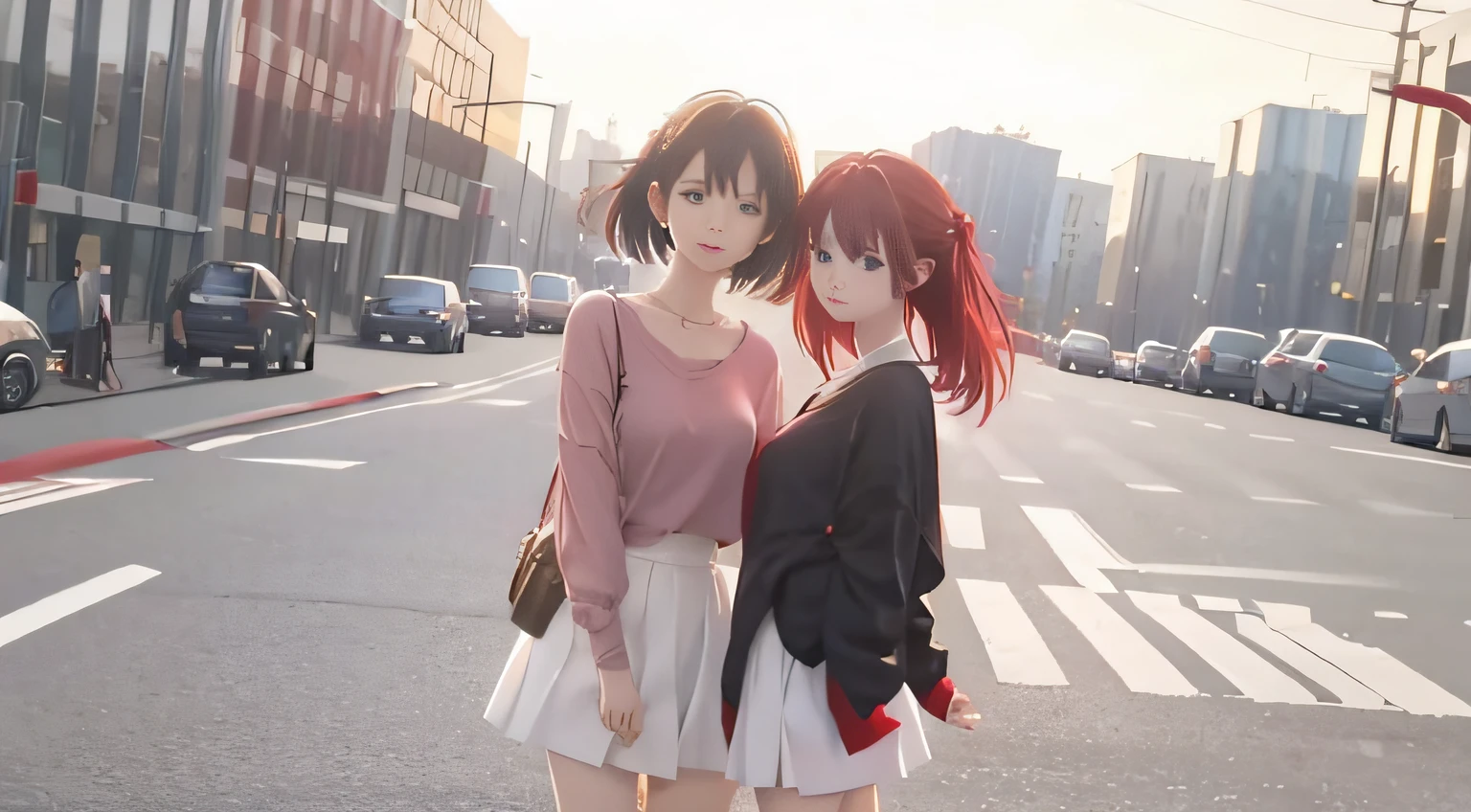 twogirls,white skirt,red tinted hair