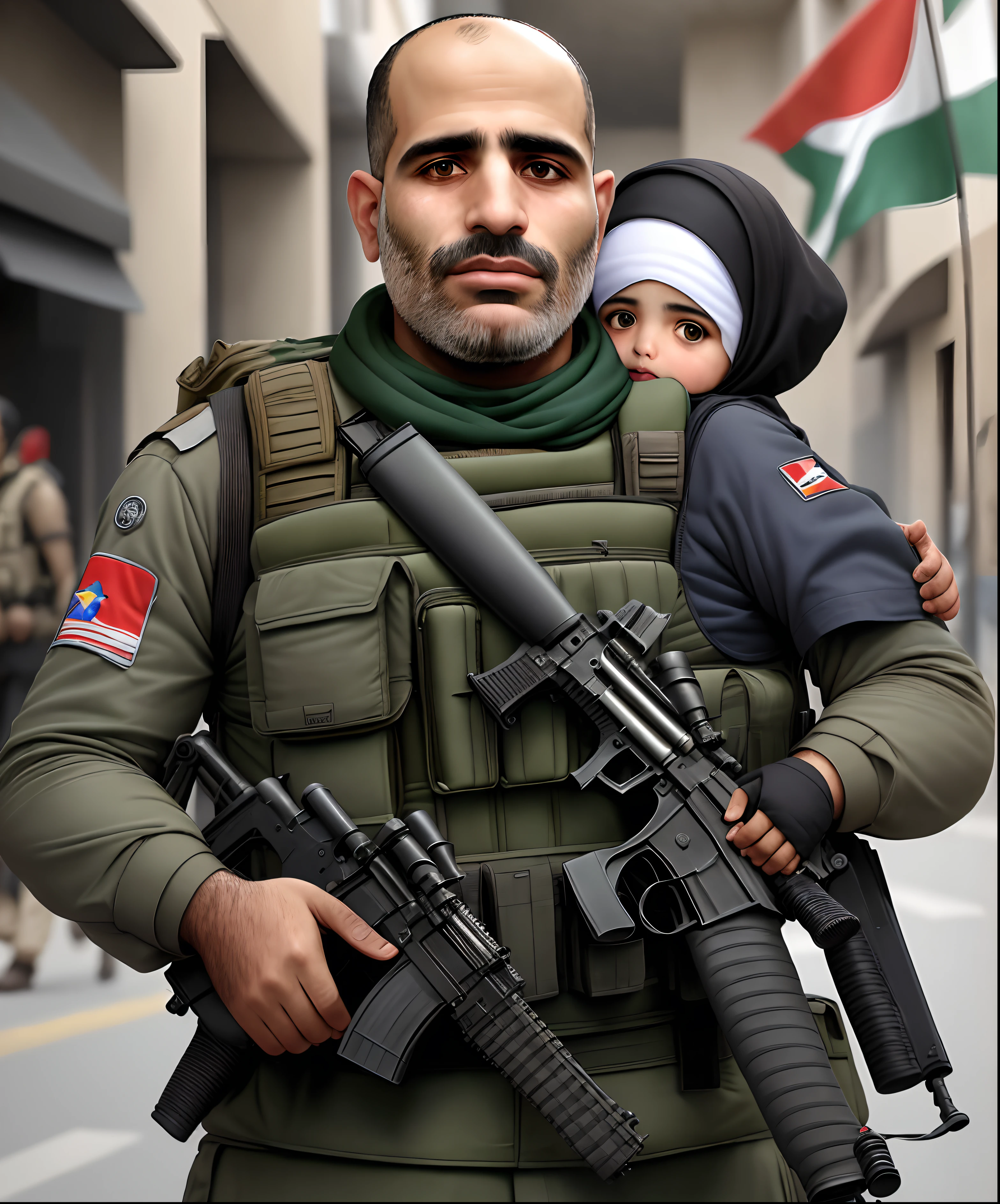 Create a portrait of young man carrying a baby in a war zone with gun, realistic portrait and detailed cg.
