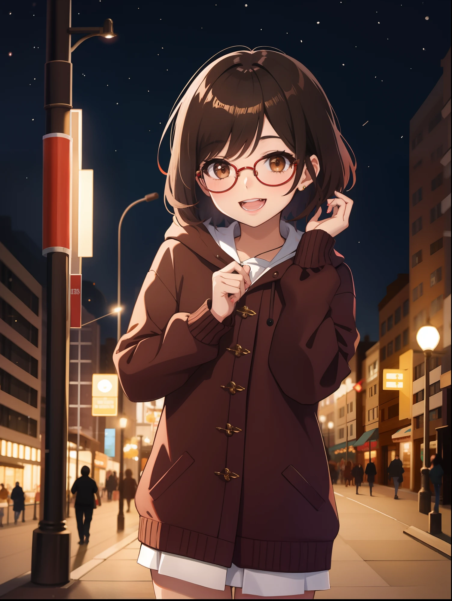 Una chica, pelo corto, Pelo rojo, brown eyes, gafas, pechos grandes, sonrisa feliz, Disfraz de diablo, En pie, Ciudad nocturna