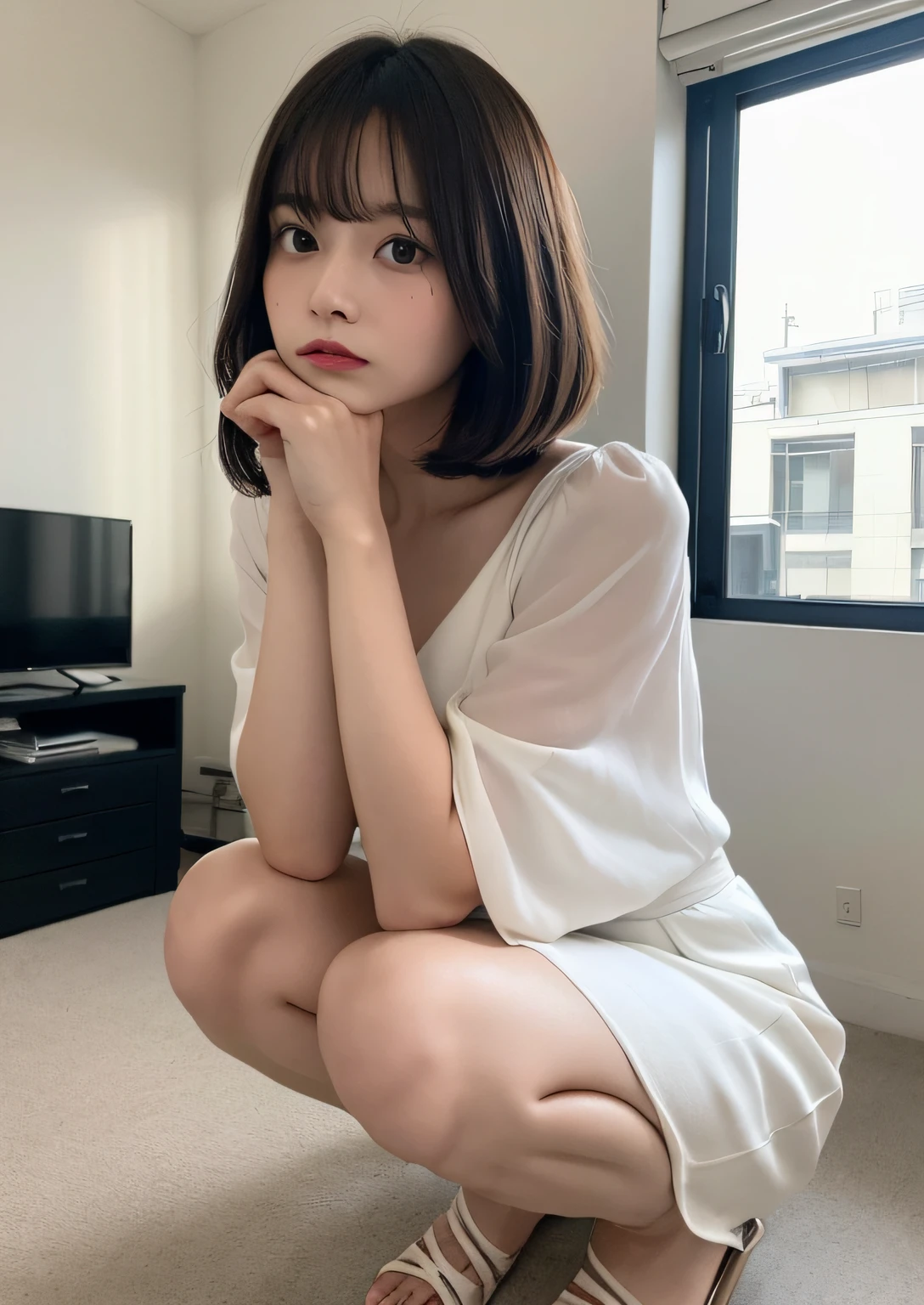 finely detail, hight resolution, hightquality、Perfect dynamic composition, Beautiful detailed eyes, Bob Layer Cut、all-fours、Natural Color Lip, Squatting,Kamimei、in her 20s、1 persons、Transparent skin、Glowing hair、Bedrooms、Bedroom、inside in room、frontage、moody expression、irritated expression、Irritated、irate、hatred、feeling of disgust、glares、Fashionable clothes、Shibuya、White Dress、frontage、beauty legs、bare-legged