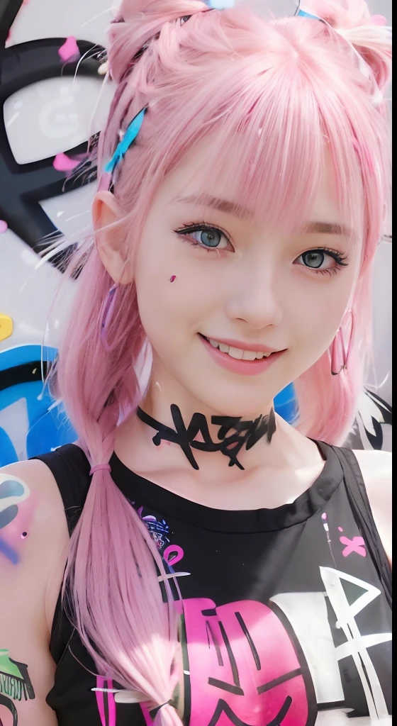 (ultra-detailliert), Black Psychedelic Shirt、Blue eyes,The upper part of the body、a closeup、18year old、faces、(A smile:1.5),(facing front:1.2),(masutepiece:1.3, Best Quality, Photorealistic, Ultra-detailed, High resolution, 8K Wallpaper), 1 beautiful girl, Beautiful face, Detailed face, Beautiful eyes, Detailed eyes, Looks fun、Smiling, earrings, Necklace, Only 1 person,Pink Hair Medium Hair, (Pink hair), Ear Hair, small tits, Single braid, (Single braid), (Side braid),on a stage, Spotlight, small tits、Denim shorts, Choker, (Graffiti:1.5), Paint Splatter, arms behind back, Against Wall, Looking at Viewer, arm band