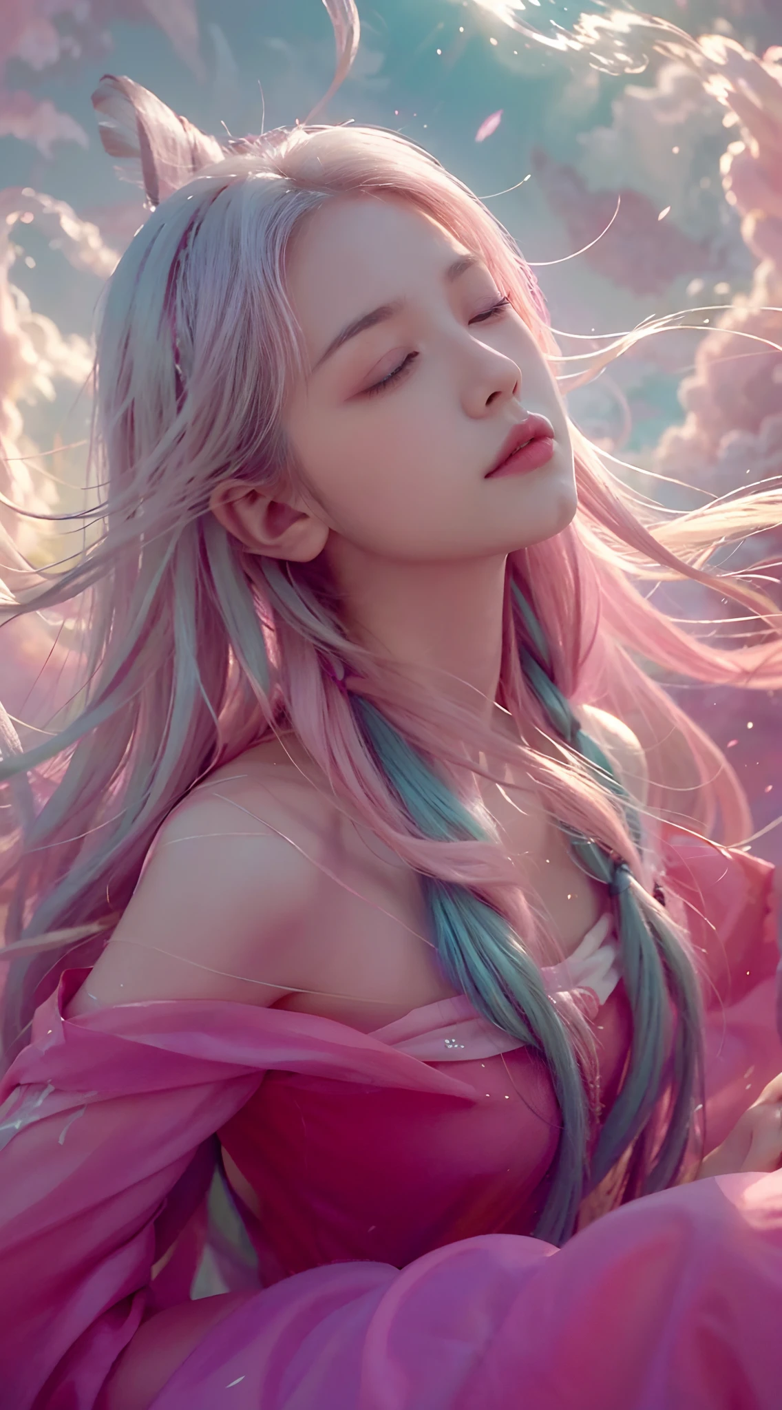 high qulity,4K,detailed detail,Dreamy,hyper realisitc,Up and down opposites,Parallel worlds,Girls fall from the sky,long white hair,Vertical descent,closing her eyes,Keep quiet,Girl in the Clouds,Pink light and shadow,