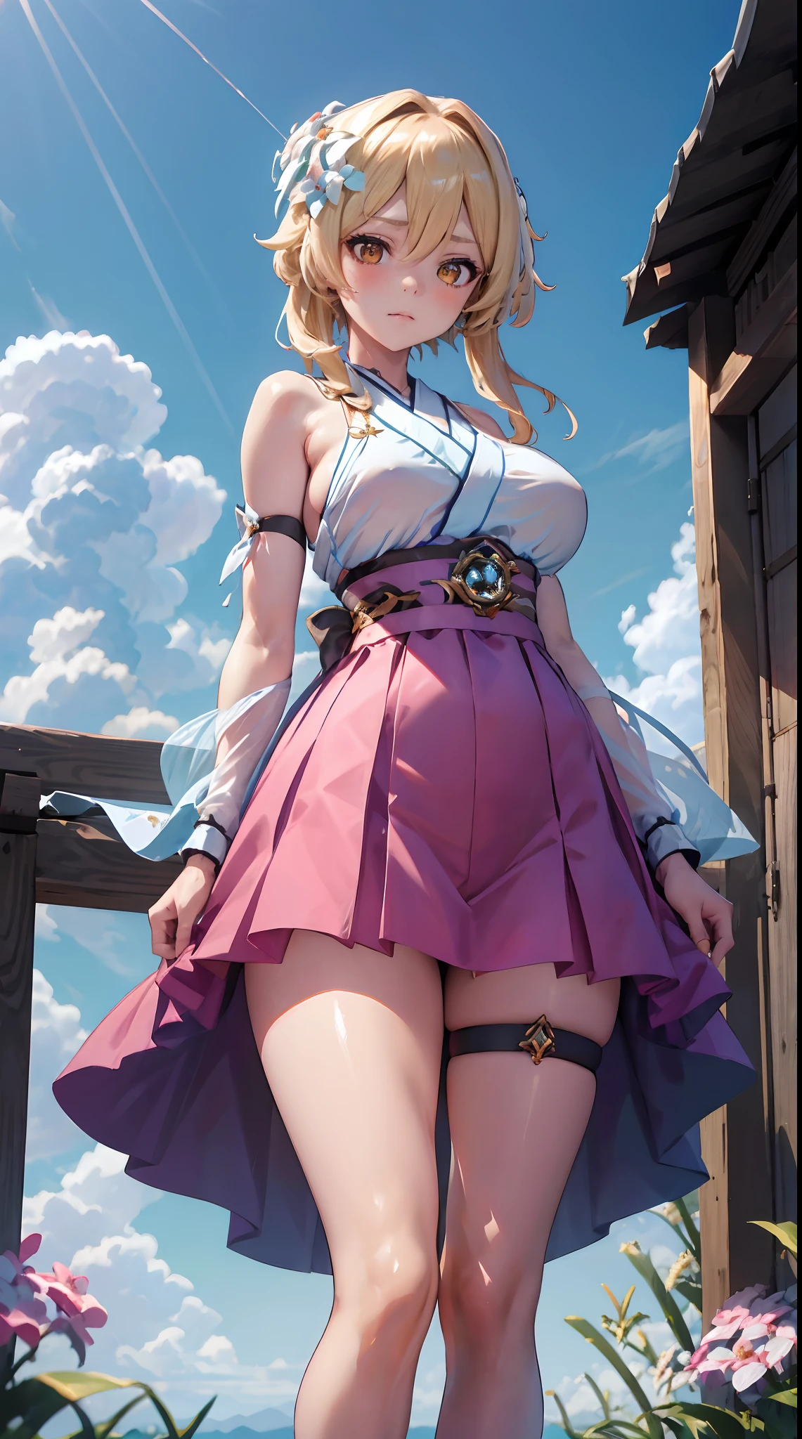 Lumine | genshin impact, master-piece, bestquality, 1girls,25 years old, proportional body, proportional., gigantic breasts, Hanbok ,bara, choker, arm behind back, Outdoor Stand, Beautiful Javelin Central Challenge., shiny sky, View viewers from the front., Thigh strap, Head tilt, bored, 10, 10, HD,