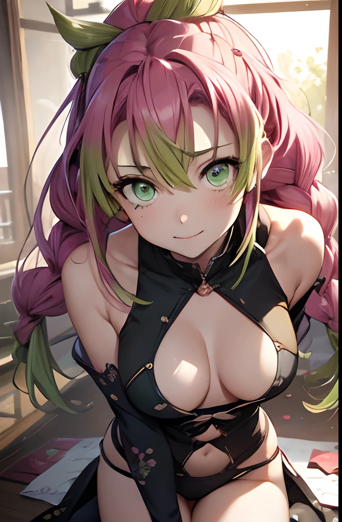 masutepiece, Mitsurikan Log, mitsuri kanroji, braid, Gradient Hair, (Green eyes:1.5), Green hair, Long hair, Mole, Mole under the eyes, multicolored hair, Pink hair, Twin braids, Two-tone hair, cleavage, BREAK looking at viewer, Break indoors, BREAK (masutepiece:1.2), Best Quality, High resolution, Unity 8k壁纸, (Illustration:0.8), (Beautiful detailed eyes:1.6), extra detailed face, Perfect Lighting, extremely details CG, (Perfect hands, Perfect Anatomy),colourful hair, The whole body is reflected, (Off-the-shoulder costumes:1.5), ((chest wide open and exposed)), (Smile), ((undergarment)), ((Torn clothes)), ((The bikini)), , ((Torn clothing))