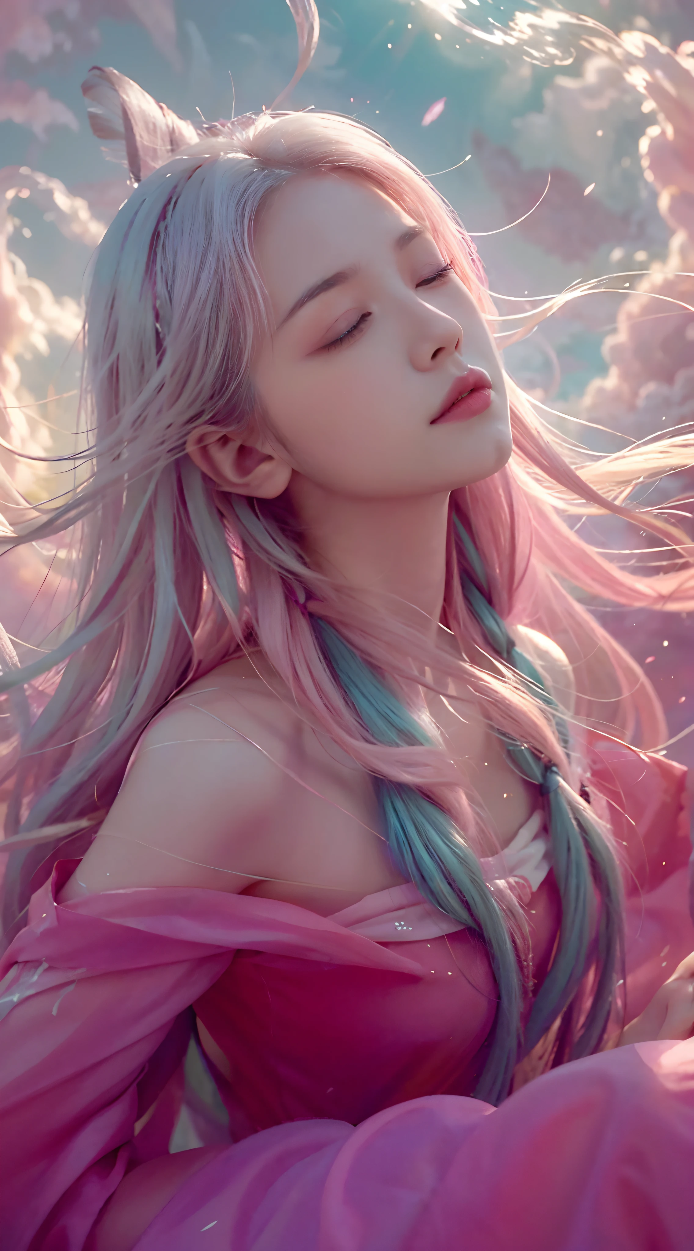 high qulity,4K,detailed detail,Dreamy,hyper realisitc,Up and down opposites,Parallel worlds,Girls fall from the sky,long white hair,Vertical descent,closing her eyes,Keep quiet,Girl in the Clouds,Pink light and shadow,