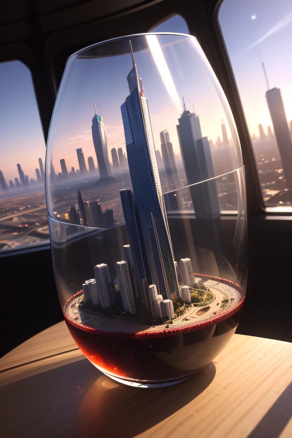 Planeta Terra　Inside a wine bottle glass on the side　space city　cidades futuristas　Epcot　ＳＦArt Skyscrapers　cyberpunk　qualidade superior　obra prima　Dream　超A high resolution