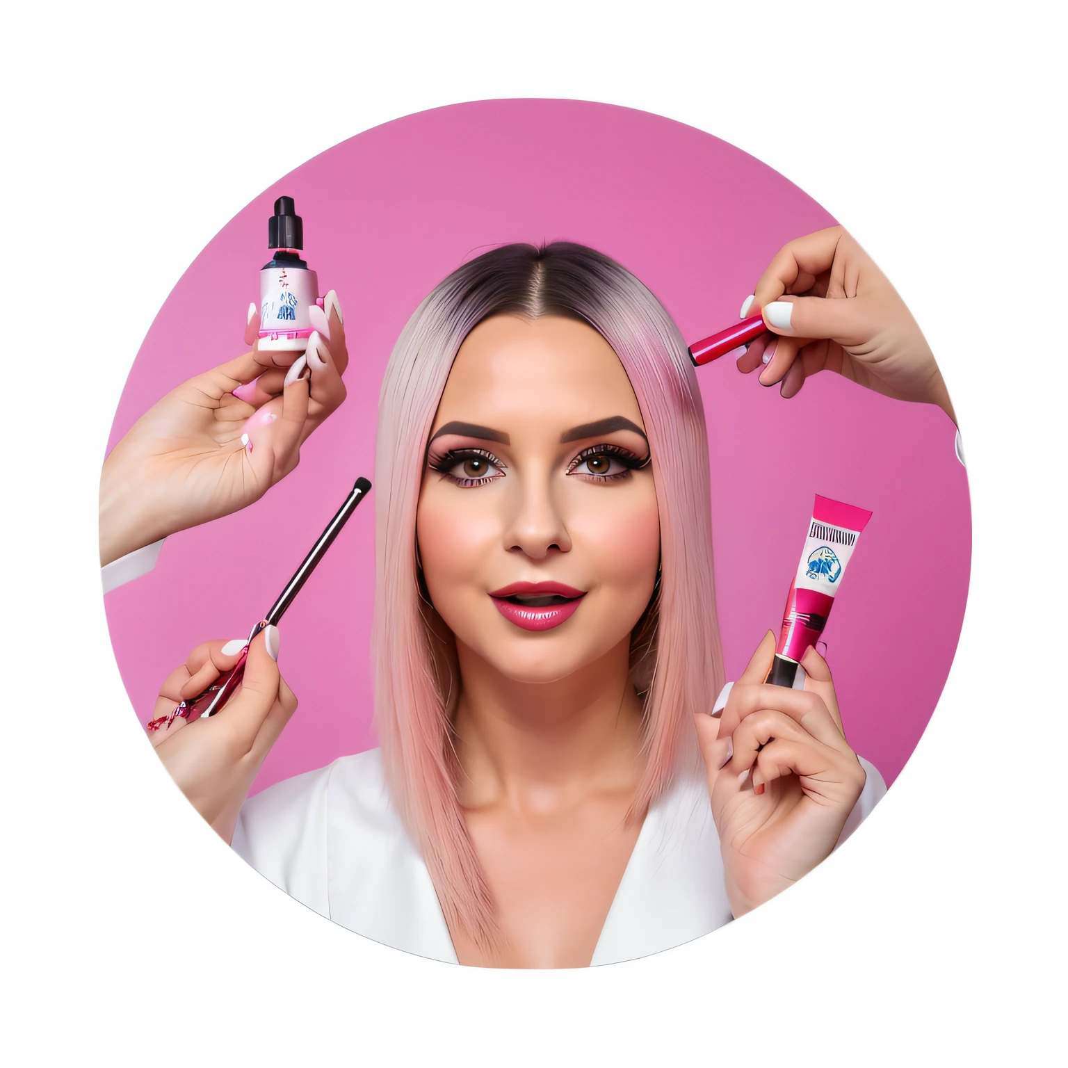 master part, melhor qualidade, Altas, absurdos, 8k, mulher arafed com cabelo rosa e batom rosa segurando um pincel e uma garrafa de maquiagem, campanha de beleza, foto oficial do produto, maquiagem, essence, Ad image, com maquiagem profissional, advertising photo, em maquiagem profissional, inspired by Slava Raškaj, photoshoot para marca de cuidados com a pele, breathtaking look, Foto do produto, Imagem promocional, Looking towards the camera, retoque de beleza