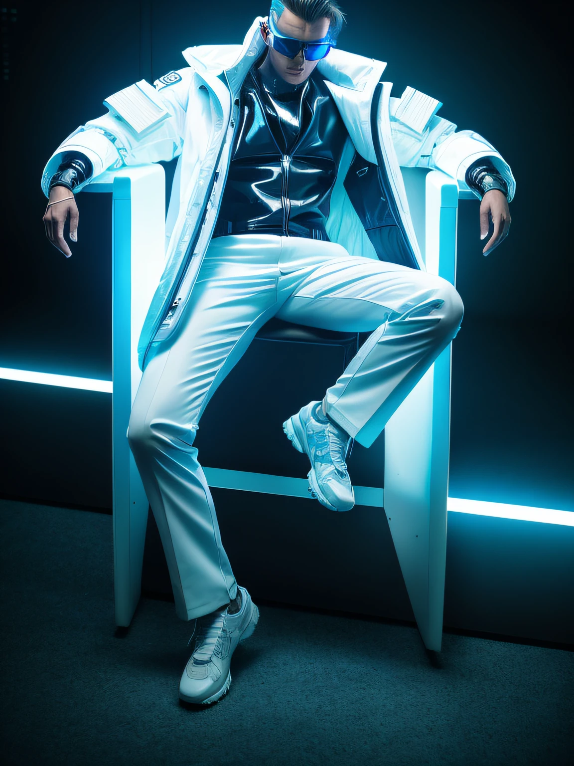 a cyberpunk man, wearing a white plastic coat, with futuristic glasses, white suit, sci fi suit, 12k, intricate details, masterpiece, professional lights, hyper real