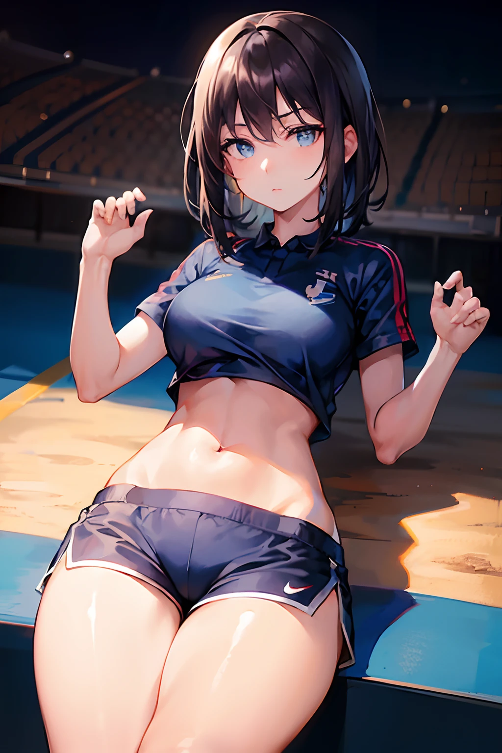 Girl, black hair, dark blue Shirt, France Soccer Clothing, France Football Kit, ((Dark blue shorts))Nike Dark Blue shorts, Perfectly Detailed, Stadium Soccer Field Background, full body, Thicc hips, thighs butt, football field