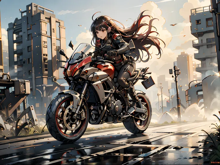 (best quality,4k,high resolution), high-level image quality、high quality pixels、resolution up、female rider riding motorcycle on ...