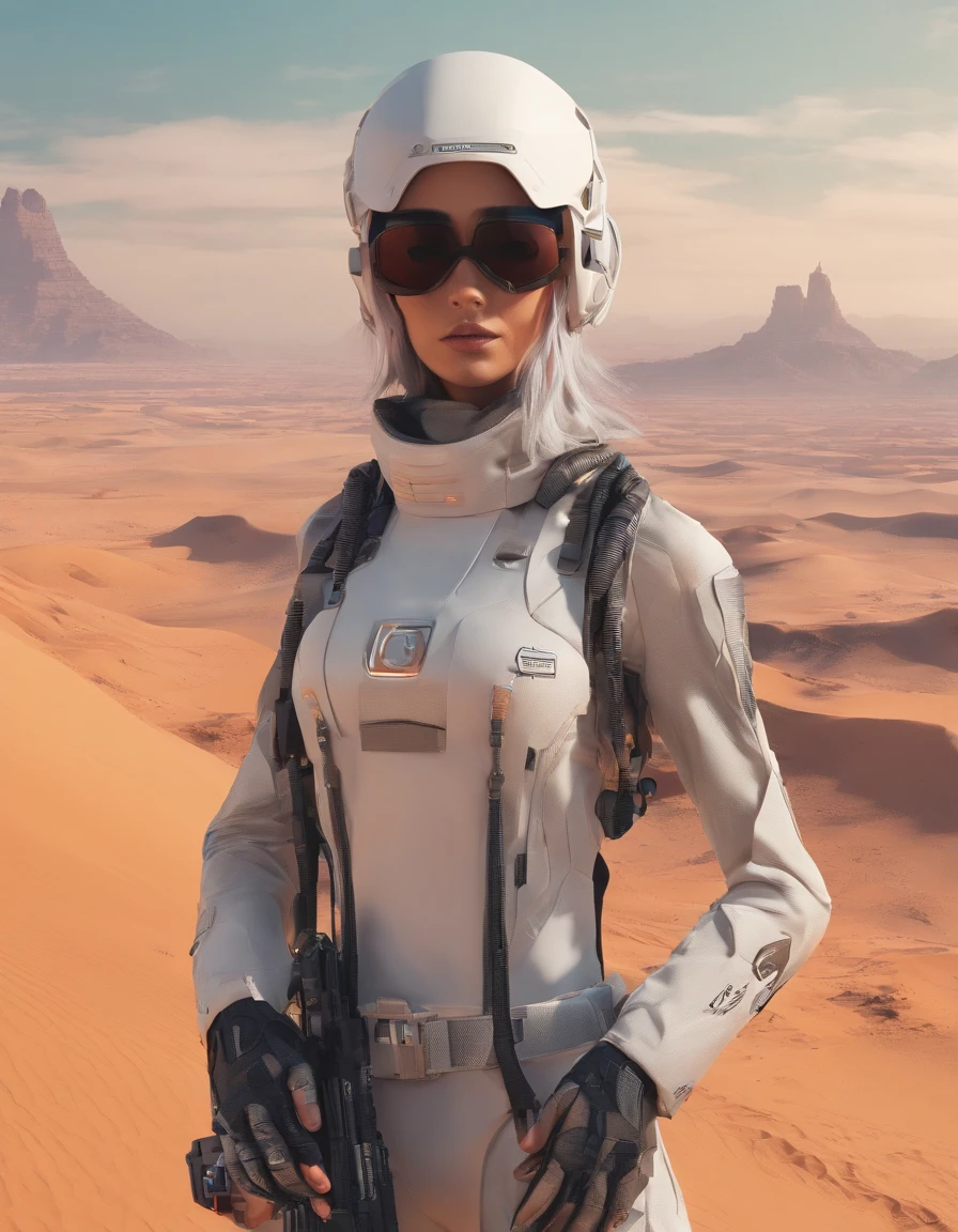 ((Best quality)), ((masterpiece)), ((realistic)), ((Best quality)), ((masterpiece)), ((realistic)), Girl walking in desert, looking tired, wearing Loose-fitting clothing Long-sleeved shirts and pants, Headgear, Sunglasses, very beautiful, in a natural and casual style on eye level, scenic, masterpiece, (highres), original, extremely detailed 8K , (photorealistic:1.4),flawless face, perfect eyes,symmetrica body shape,smile,