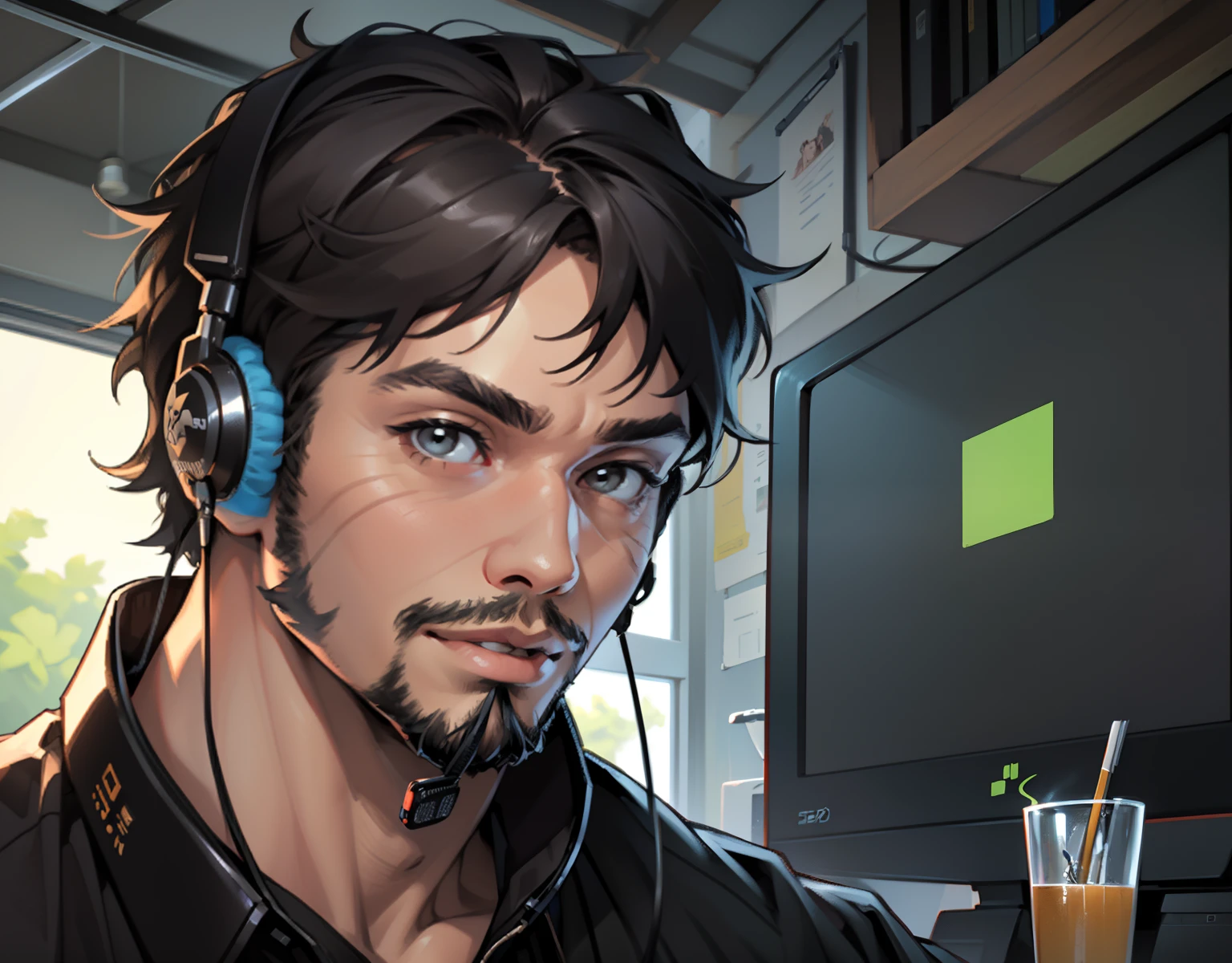 (A 30 year old man: 1.5), best quality, masterpiece, handsome facial features, cheerful expression, facing the computer, with headphones, 16k, exquisite painting style, details, super details, exquisite facial details, a goatee, black clothing - auto - s2