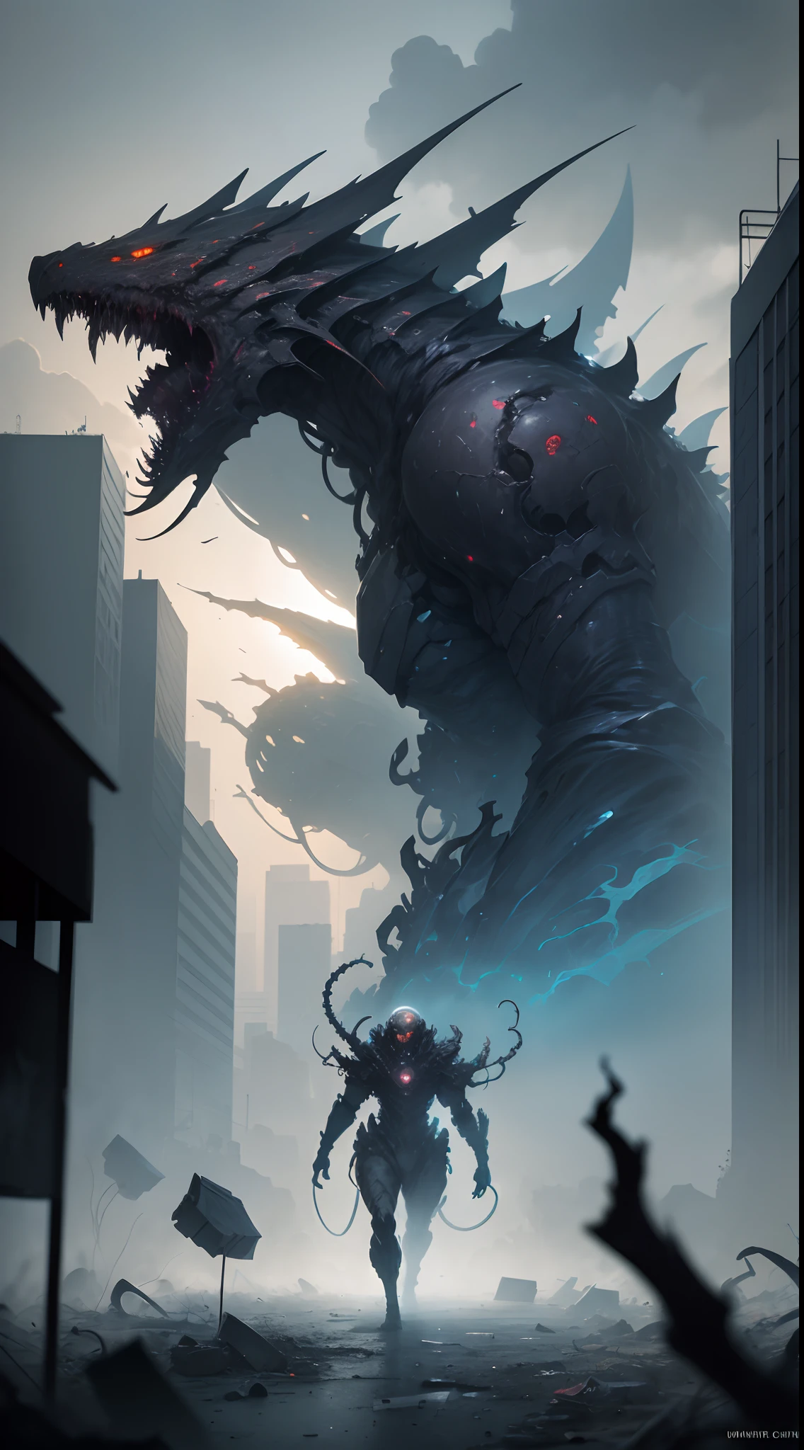 Glowing eyes,There is a square timer in the middle,Tall body,Red, white and blue colors,The head is tapered,high-angle,city ruins,Monster Godzilla,Huge feeling