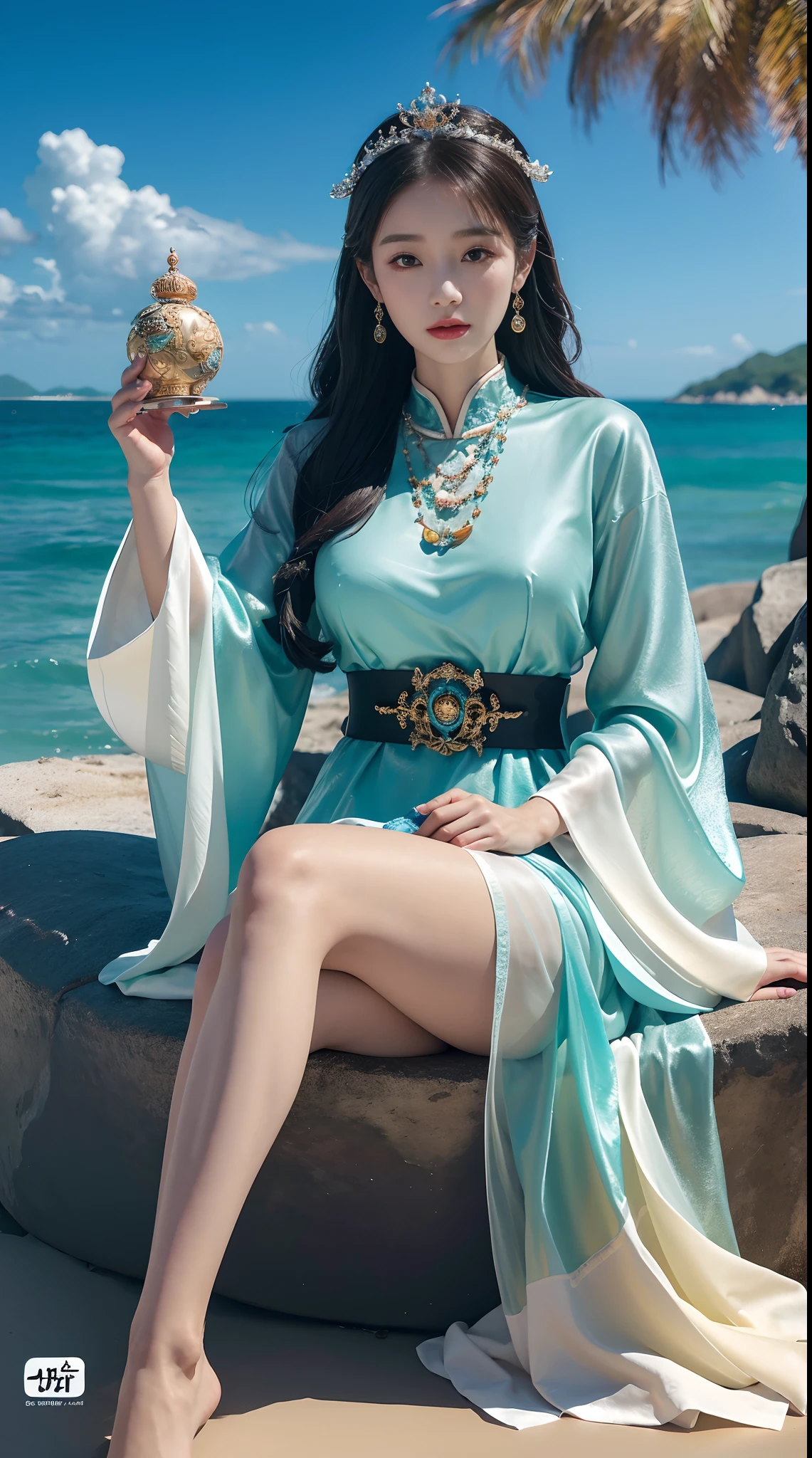 There was a woman sitting on the beach holding a clock, queen of the sea mu yanling, Beautiful digital artwork, 4k highly detailed digital art, a beautiful fantasy empress, 8K high quality detailed art, fantasy beautiful, by Yang J, beautiful gorgeous digital art, Guviz, Guviz-style artwork, beautiful fantasy art, Chinese fantasy