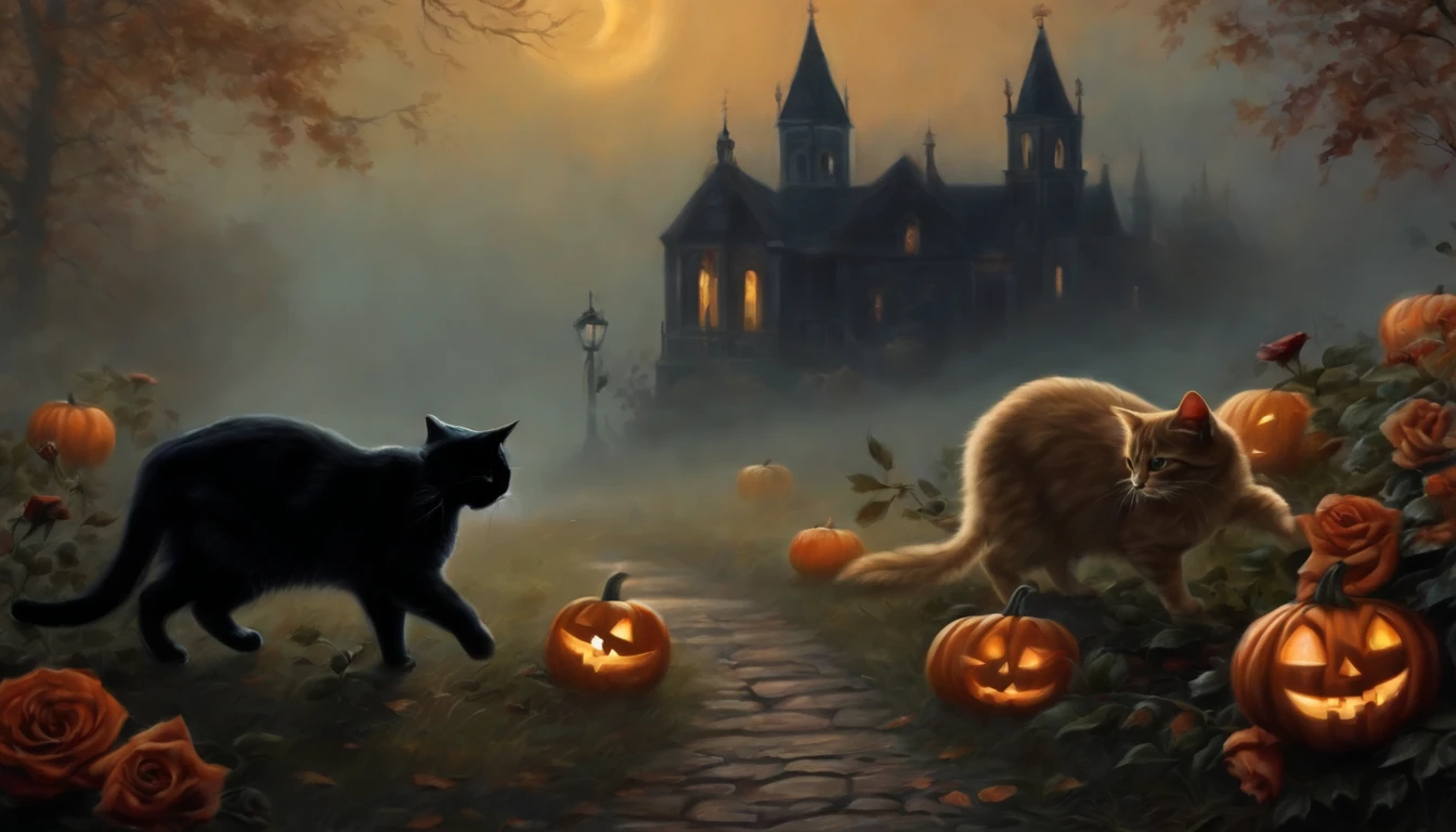 Dark Gothic vintage style artistic painting of cats walking alongside black roses in the Halloween mist