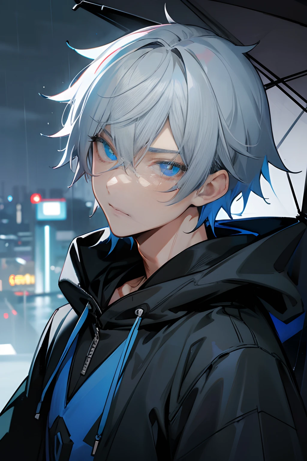 anime boy, gray hair, blue eyes, wearing expensive hoddie, close up, raining neon city background, masterpiece, best quality, fitting body, Dark theme, looking at viewer, detailed face, detailed eyes, detailed pupils, detailed body, face towards viewer