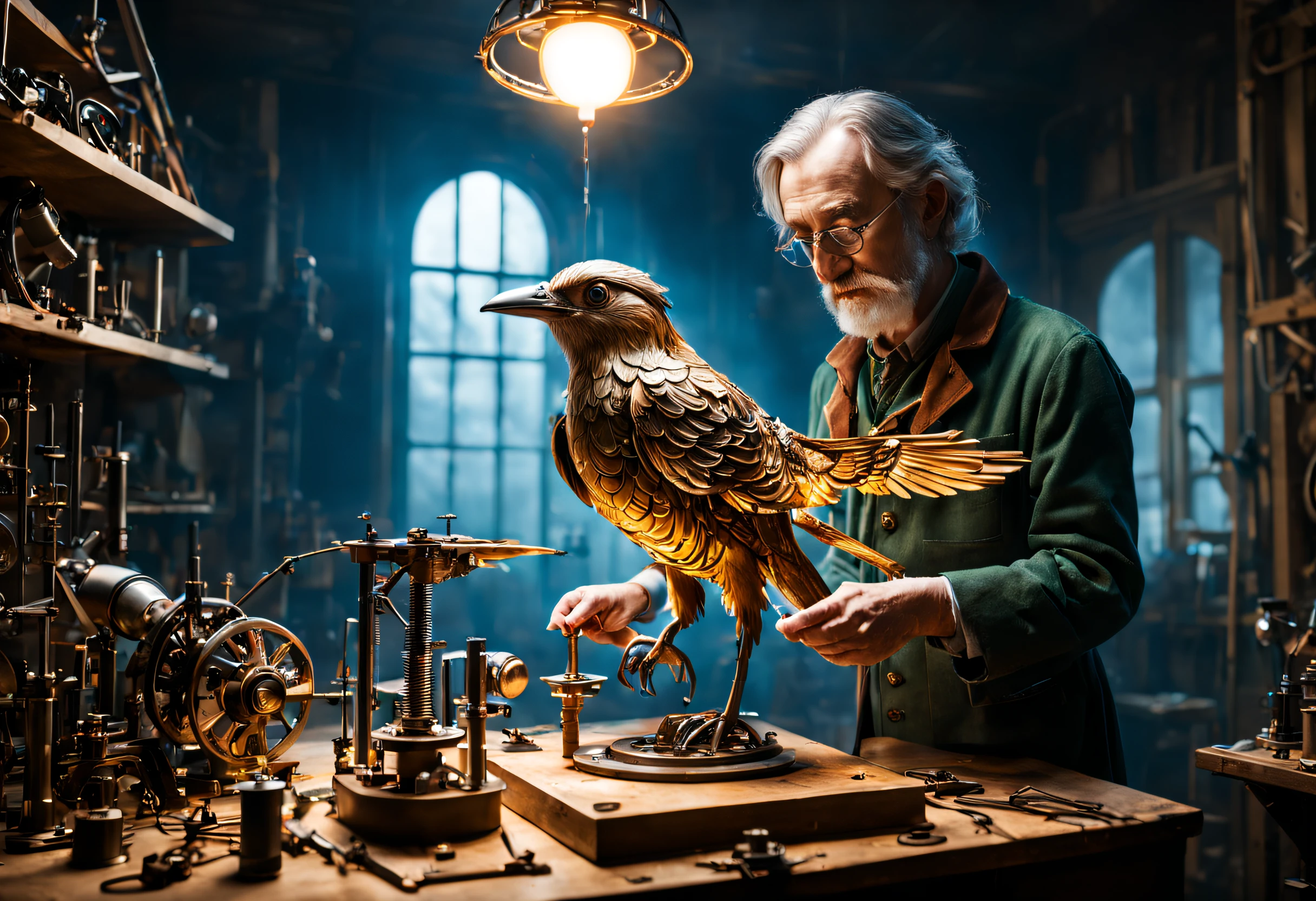 A scientist creating a mechanical bird in a workshop. He's putting the last parts into it. Tolkien-style magical atmosphere. A wonderful award-winning image