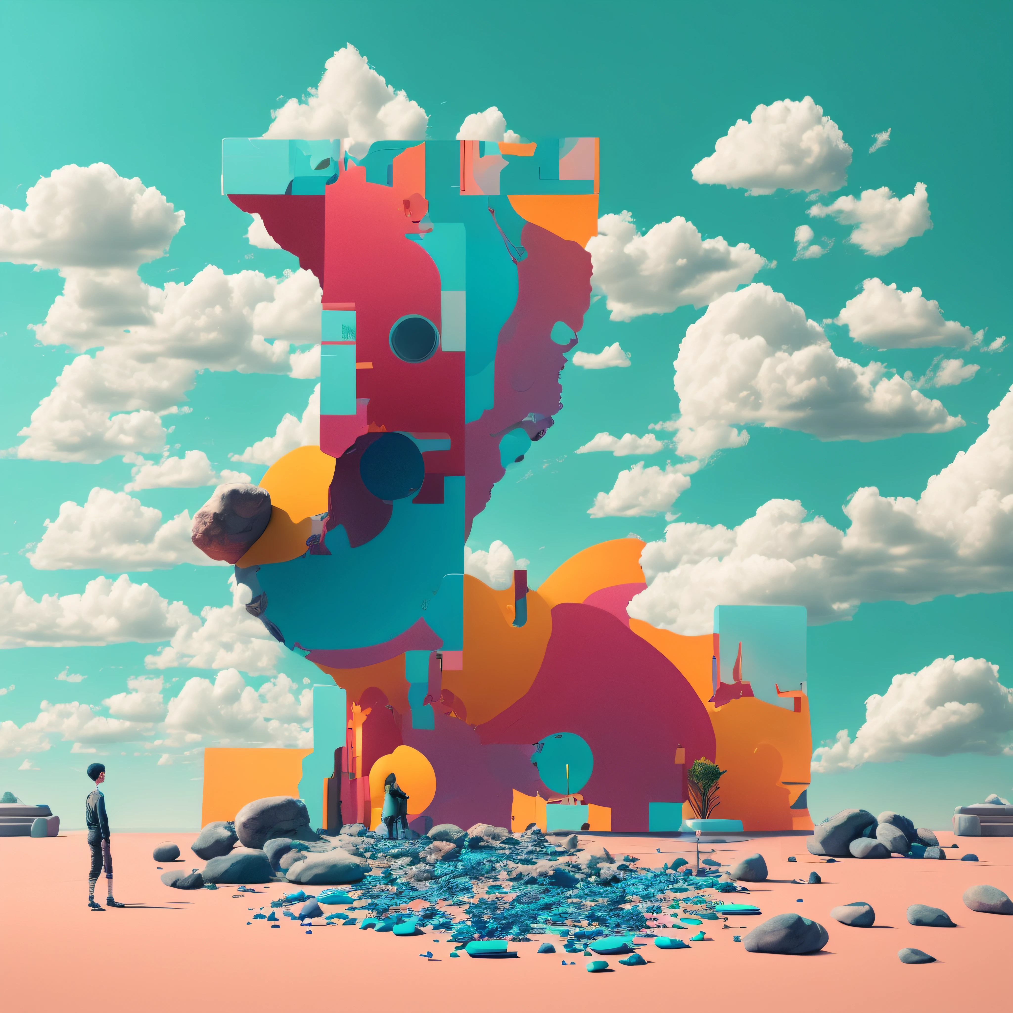 There is a large colored letter that is on the floor, Dans le style artistique de Filip Hodas, Beeple. hyperrealism, par Filip Hodas, Beeple |, inspired by Mike Winkelmann, inspired by Filip Hodas, Rejection beep, Beeple et Mike Winkelmann, Bip de rendu 3D