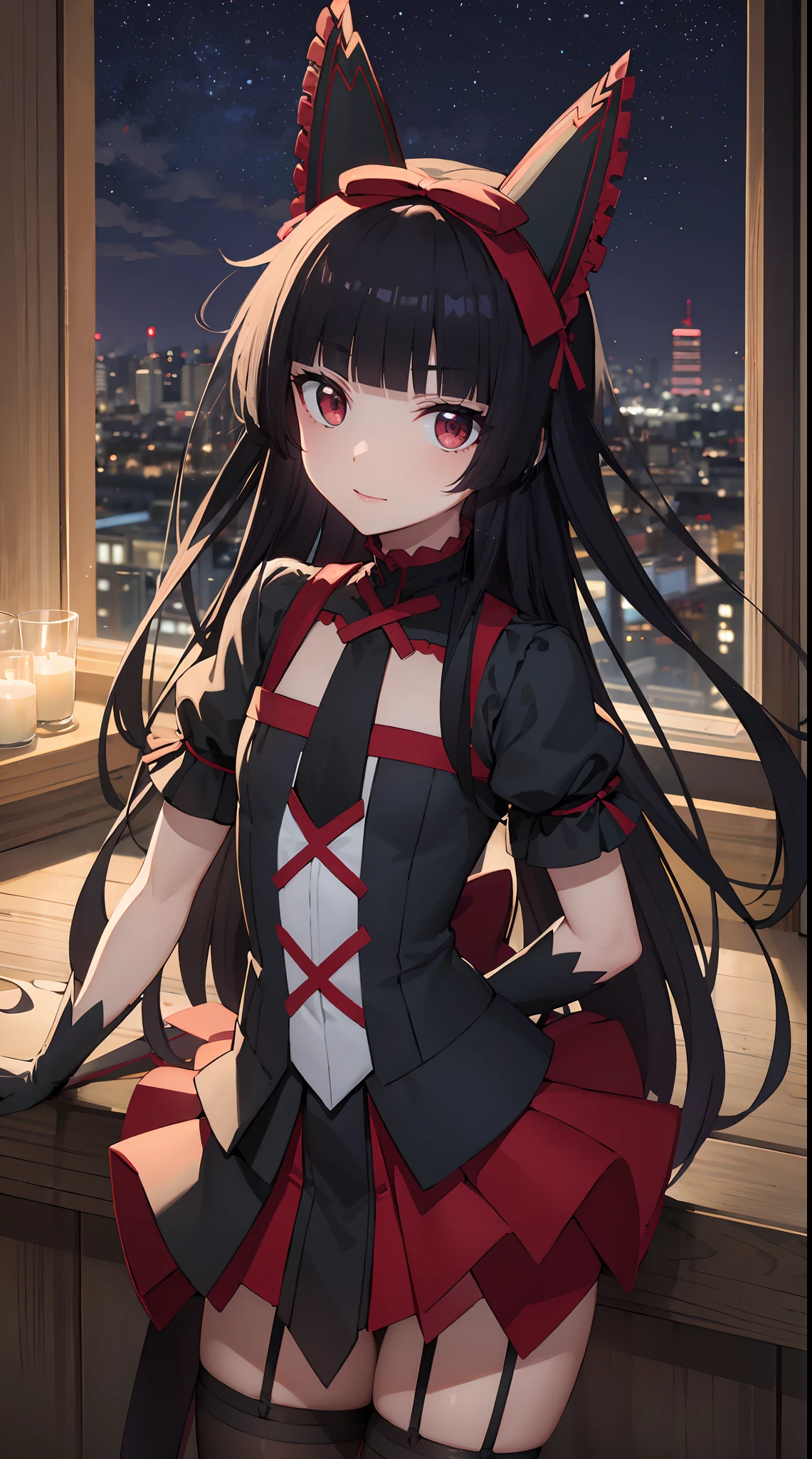 Rory Mercury, Rory Mercury, Red colored hair, blunt bangs, hime cut, hair ornament, red lipstick, hairlong, cute face, makeup, (small chest:1.2), (red eyes:1.5), BREAK Gothic underwear, the perfect body (little chest:1.3) Hornny,  BREAK in full growth, red shoes, BREAK Black Stockings, Black Gloves BREAK, black thighs, garter straps, gloves, gotik, Hair Bow, gothic fashion, puffy short sleeves, puffy sleeves, short sleeves, thights, thights,  BREAK of the starry night sky, night city, BREAK looks at the viewer, BREAK (Masterpiece:1.2), Best Quality, High Resolution, Unity 8k壁纸, (illustartion:0.8), (beautiful detail eyes:1.6), extremely detailed face, perfect  lighting, extremely detailed CGI, (perfect arms, perfect anatomy),