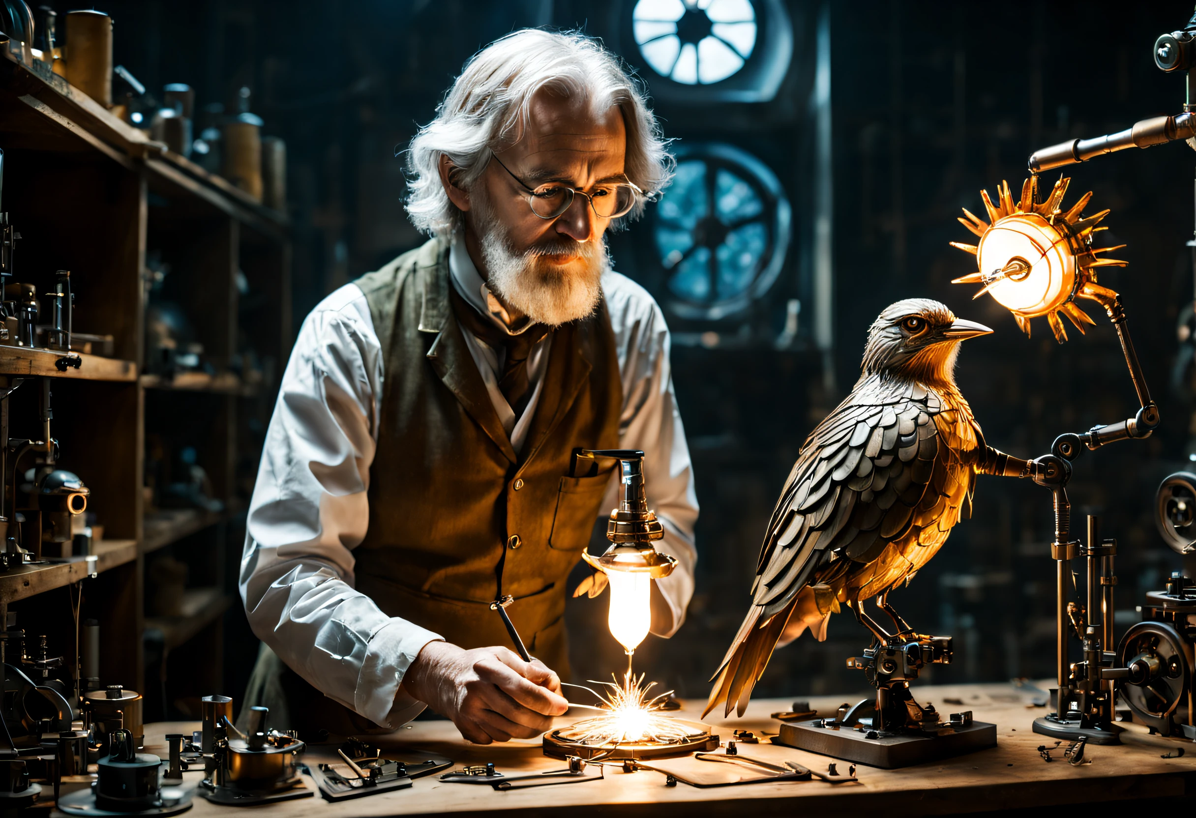 A scientist creating a mechanical bird in a workshop. He's putting the last parts into it. Tolkien-style magical atmosphere. A wonderful award-winning image