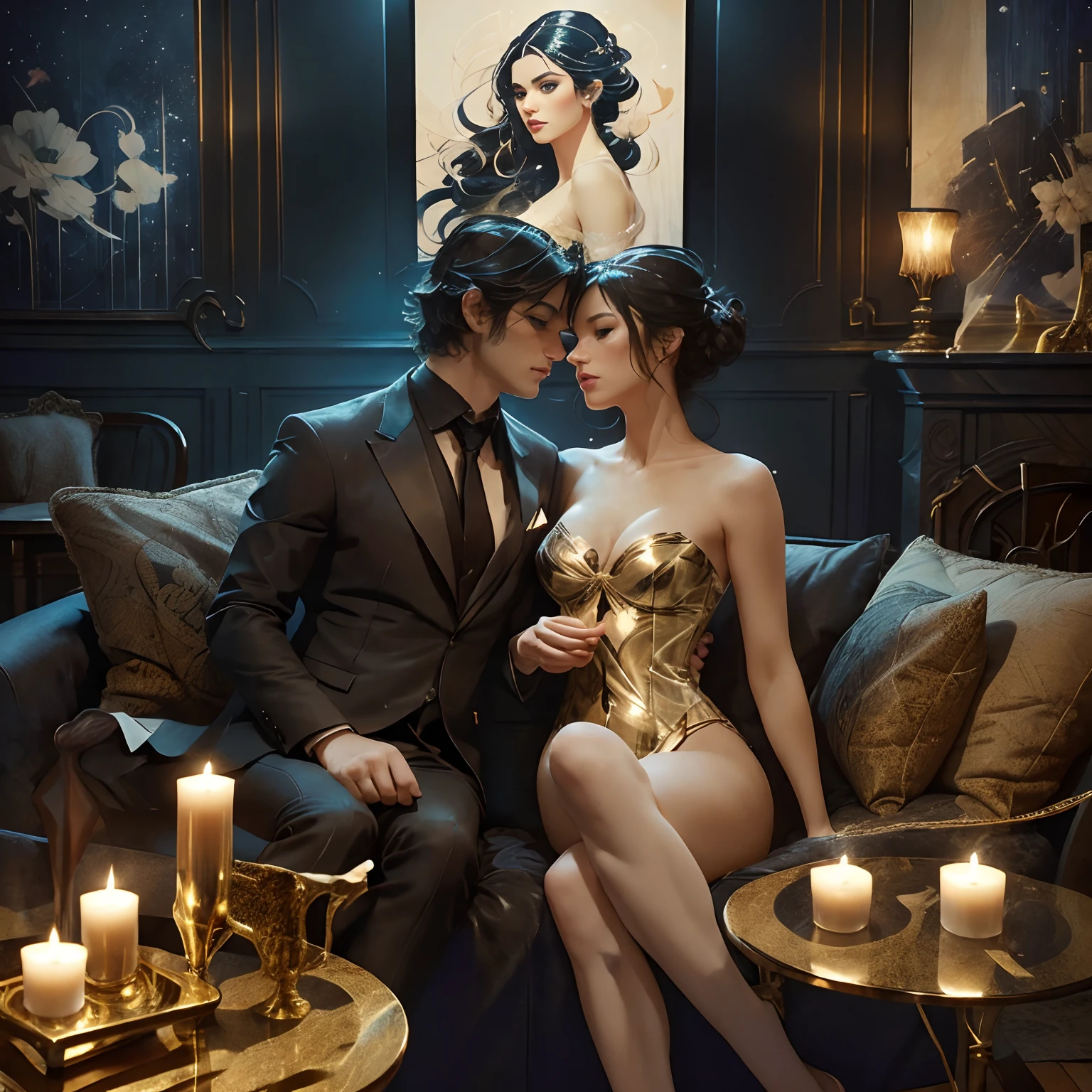 A snowy, whimsical fantasy scene with an designer in sexy pattern suit. The image is primarily composed of white, black, and royal blue colors. The artwork is created with abstract shapes and lines, resembling brush strokes. It has a poster art feel to it. The main focus of the scene is a couple engaged in a passionate kiss. The lighting and shadows play a crucial role in enhancing the mood of the artwork. The style of the image is influenced by the works of Malcolm Liepke, known for his dynamic and expressive paintings. seductive studio setting with a focus on sensuality and romance. Utilize soft, warm lighting that bathes the space in a gentle, inviting glow. Incorporate luxurious fabrics, plush furnishings, and a touch of decadence to evoke an opulent ambiance. The scene should exude an air of serenity and anticipation, inviting the viewer into a sensual and romantic space. The key is to emphasize elegance, beauty, and the allure of the studio environment while maintaining a tasteful and artistic approach.