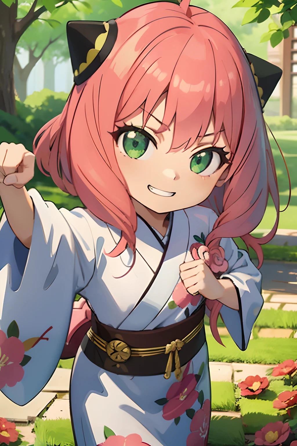 1girl in、hight resolution、​masterpiece、Short stature、(Anya\(SPYXFamily\))、Shining green eyes、Pink hair、hair adornments、martial art pose、Attacking、clench your fists、Big fist、smirk grin、Point your fist at the camera、Twist your hips、Floral kimono