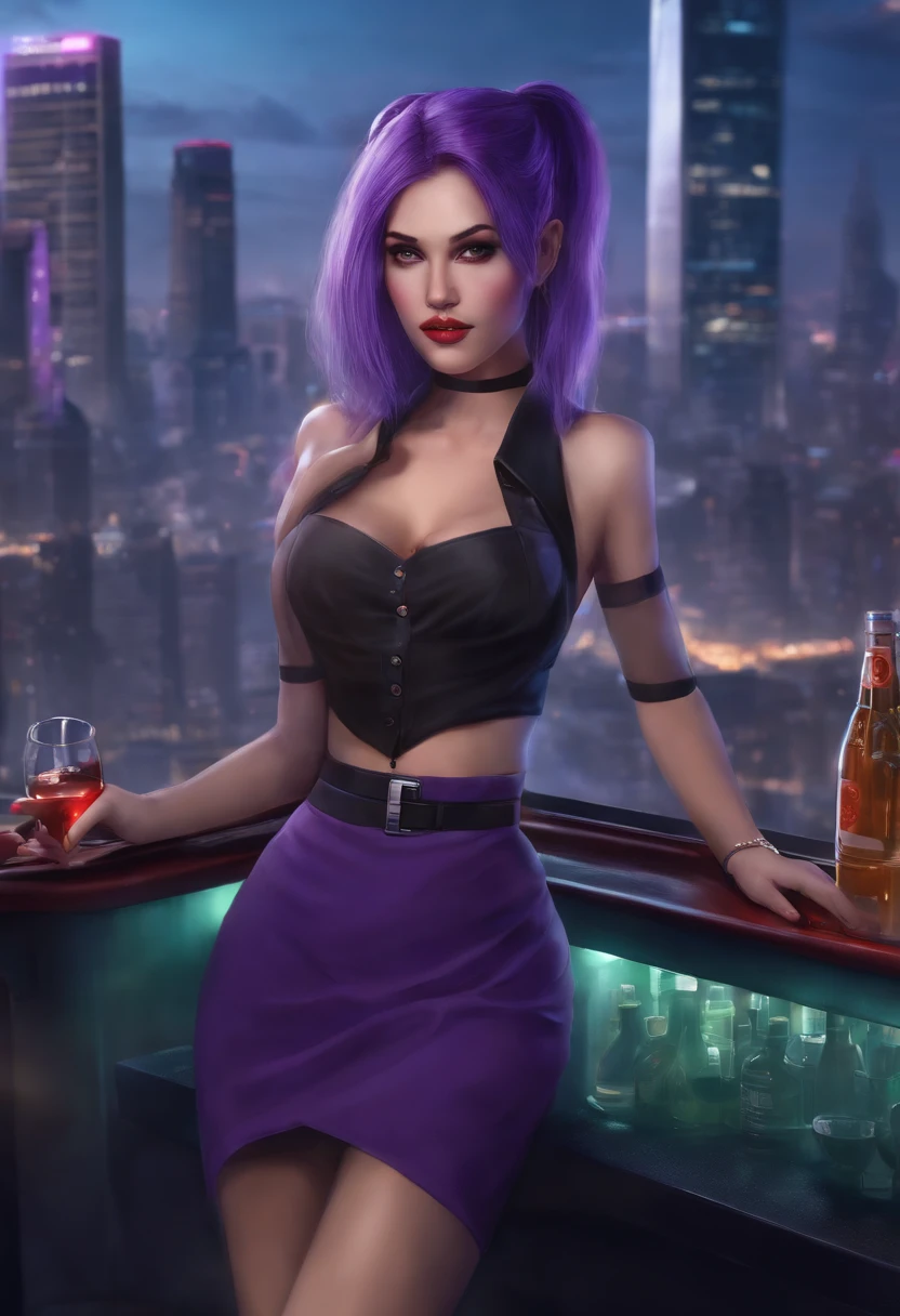Masterpiece, best quality, 1 girl, city, cigarette, skyscraper, cityscape, pantyhose, city lights, cyberpunk, bartender, smoking, solo, looking at viewer, long sleeves, (purple hair), pencil skirt, long hair, red eyes, shirt, skirt, swept bangs, twintails, Jill, julliana Stingray