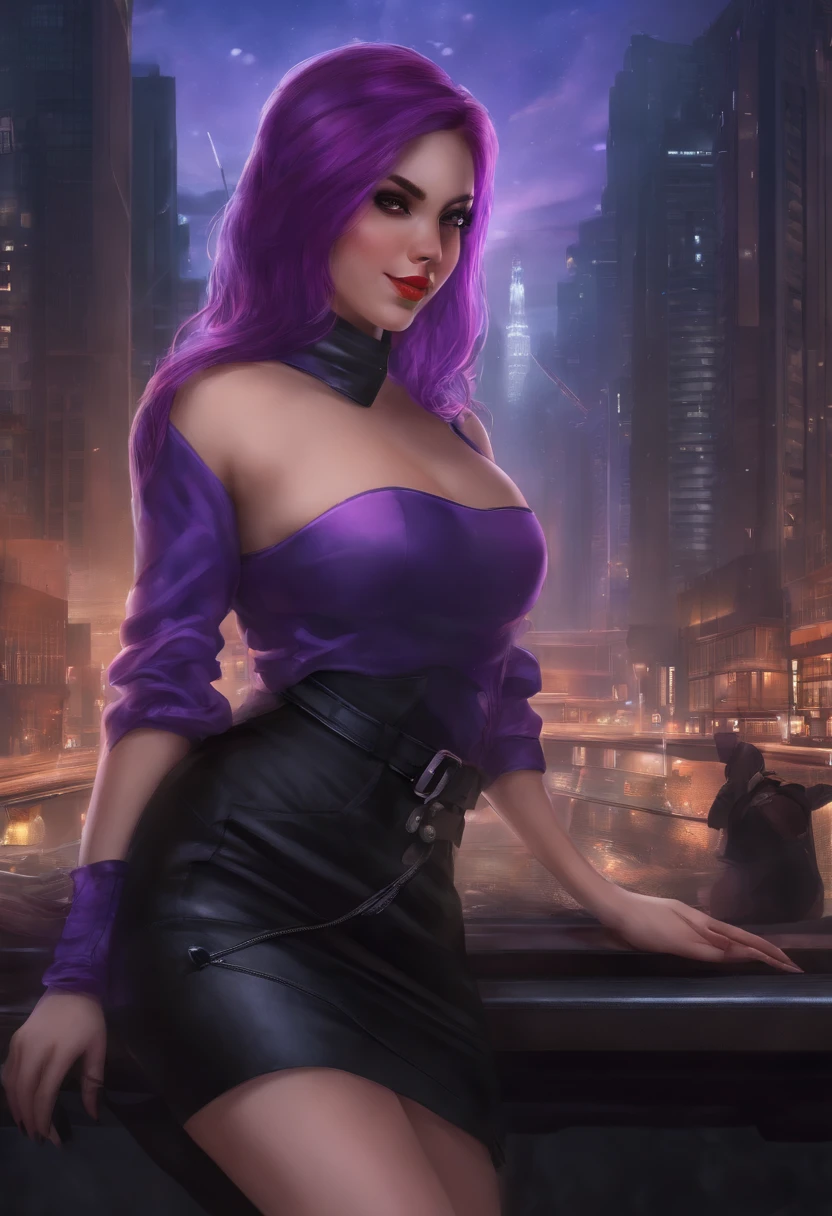 Masterpiece, best quality, 1 girl, city, cigarette, skyscraper, cityscape, pantyhose, city lights, cyberpunk, bartender, smoking, solo, looking at viewer, long sleeves, (purple hair), pencil skirt, long hair, red eyes, shirt, skirt, swept bangs, twintails, Jill, julliana Stingray