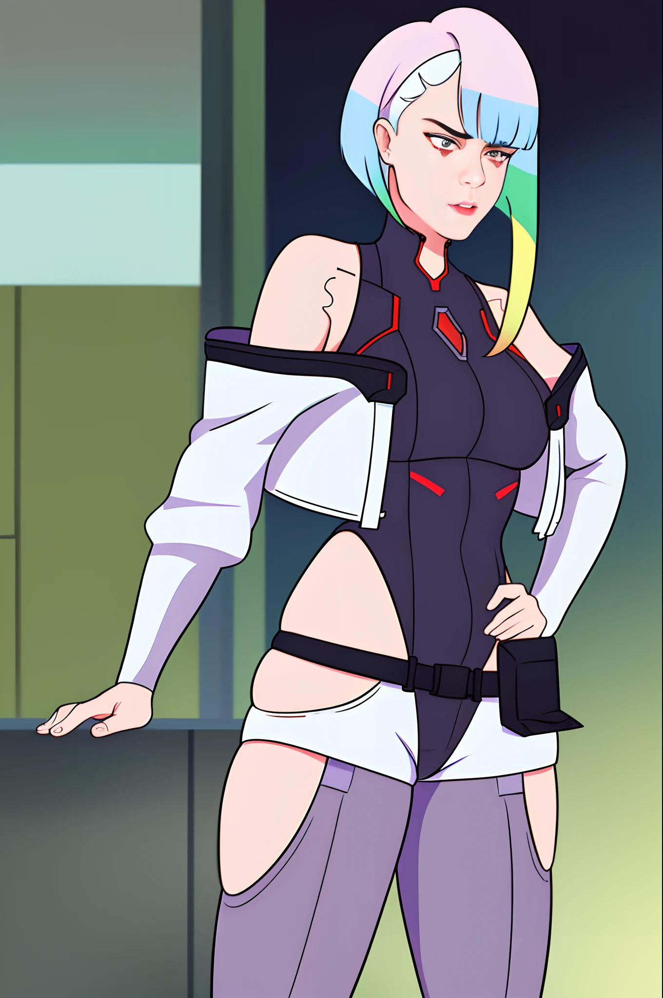 Highly detailed, High Quality, Masterpiece, beautiful, WikiHow, lu1, cyborg, multicolored hair, makeup, bare shoulders, black leotard, highleg leotard, (thong:1.1), white jacket, open jacket, belt, shorts, cowboy shot, planet, moon, earth (planet), kneeling, own hands together, praying, closed eyes, tears