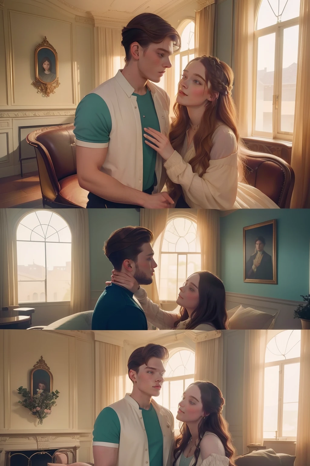 year: 2023. Location: Texas. Pre-Raphaelite scene with a 21-year-old Dominic Sherwood with Emma Myers, sibling reunion, ((happy)), inside a mansion hall, ((((casual Clothing from the 2020s)))) ((Hairstyle of the 2020s)), pastel colors, (((cinematic style)))