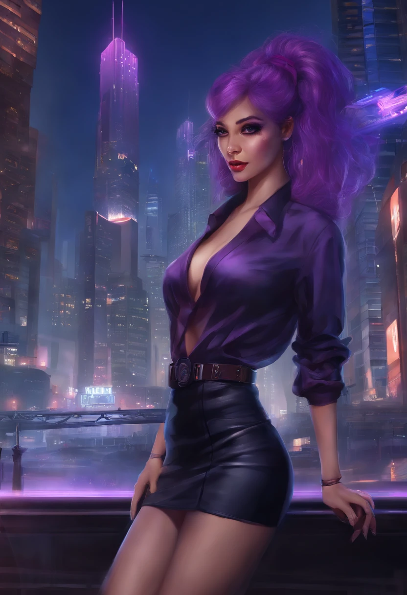 Masterpiece, best quality, 1 girl, city, cigarette, skyscraper, cityscape, pantyhose, city lights, cyberpunk, bartender, smoking, solo, looking at viewer, long sleeves, (purple hair), pencil skirt, long hair, red eyes, shirt, skirt, swept bangs, twintail, Julianne Stingray, Jill