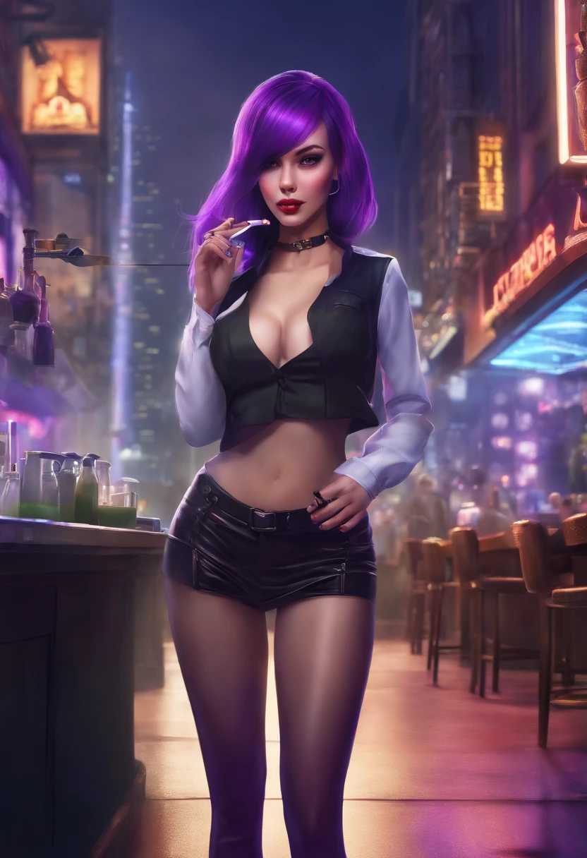 Masterpiece, best quality, 1 girl, city, cigarette, skyscraper, cityscape, pantyhose, city lights, cyberpunk, bartender, smoking, solo, looking at viewer, long sleeves, (purple hair), pencil skirt, long hair, red eyes, shirt, skirt, swept bangs, twintail, Julianne Stingray, Jill