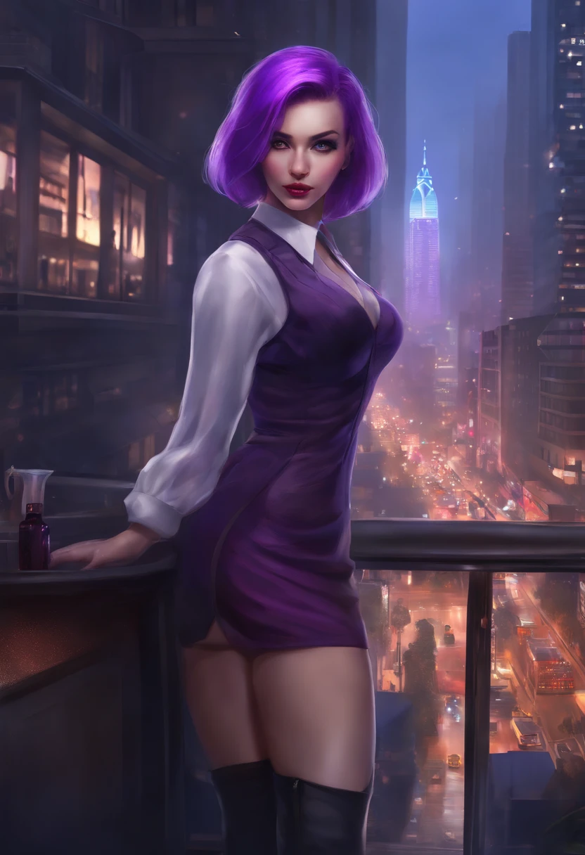 Masterpiece, best quality, 1 girl, city, cigarette, skyscraper, cityscape, pantyhose, city lights, cyberpunk, bartender, smoking, solo, looking at viewer, long sleeves, (purple hair), pencil skirt, long hair, red eyes, shirt, skirt, swept bangs, twintail, Julianne Stingray, Jill