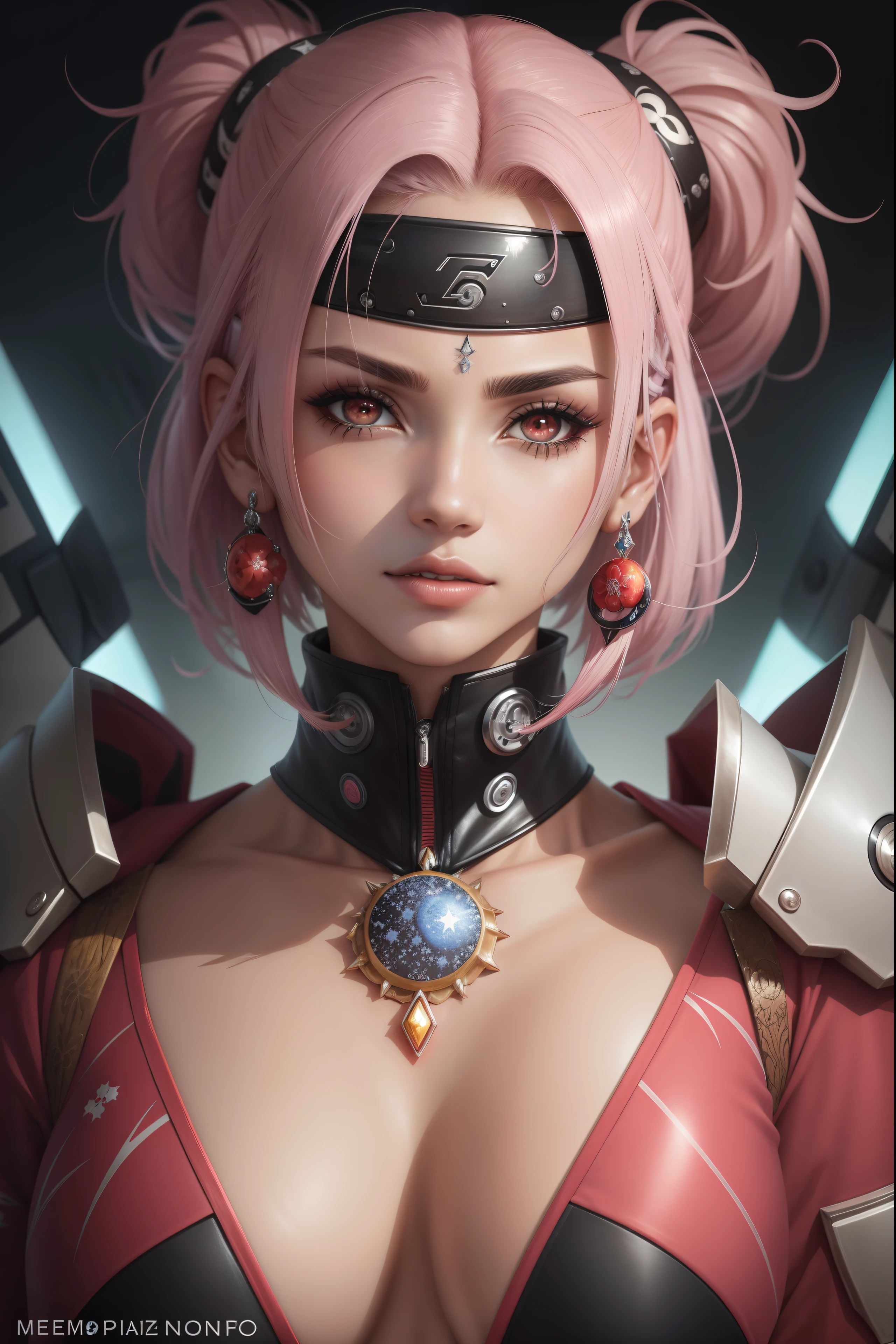 ("Sakura de Naruto estilo ninja com olhar de Sharingan") (((mechas pretas na ponta de seu cabelo))) sozinho, Olhando para o Viewer, short hair, fundo simples, fundo branco, jewelries, monocromatic, escala de cinza, Brincos, separated-lips, lips, Petals, Cilia, ''tatuagem com estrelas pode 5 pontas pretas'', maquiagem, watermark, penetrante, penetrante na orelha, retrato, arte digital