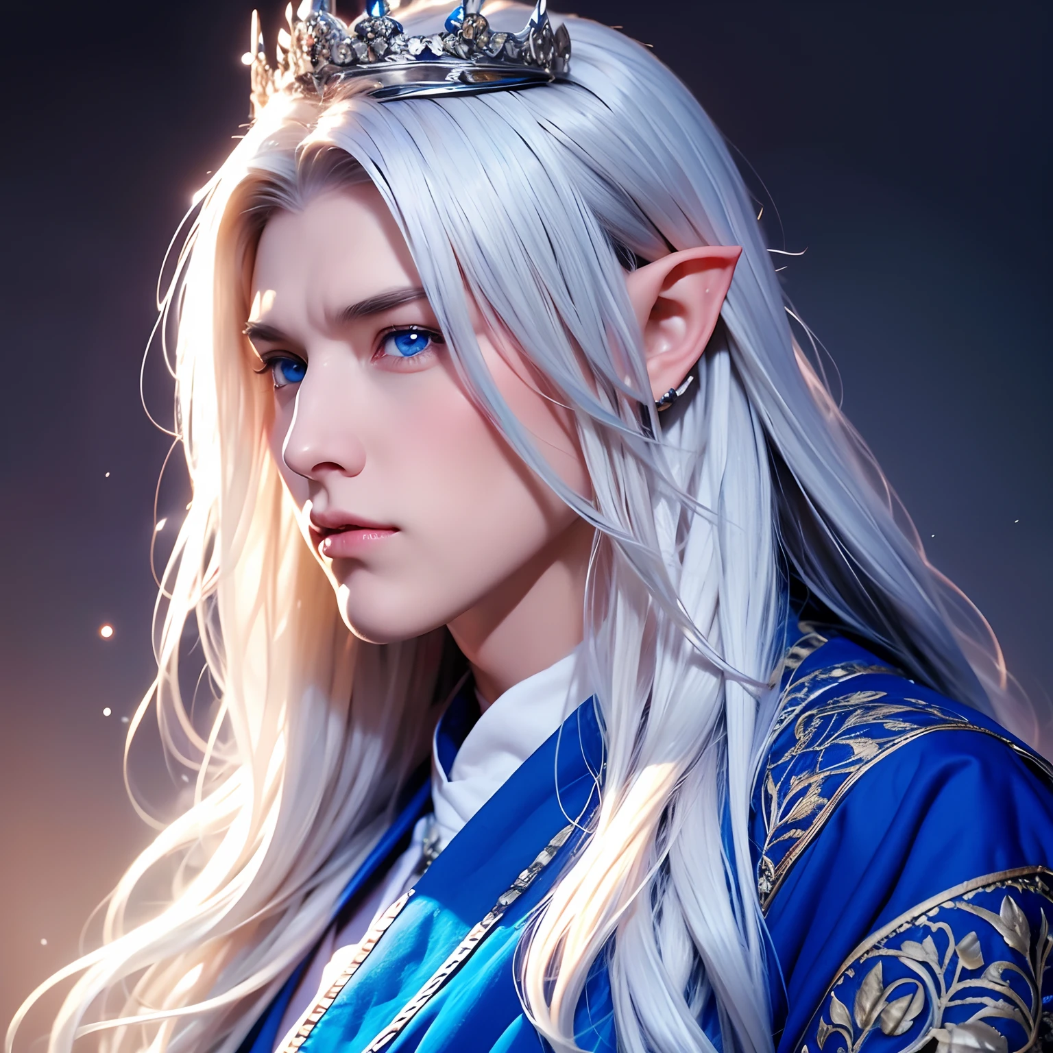Elf, man, boy, young, young, long hair, white hair, blue eyes, crown, King, strong, strong man