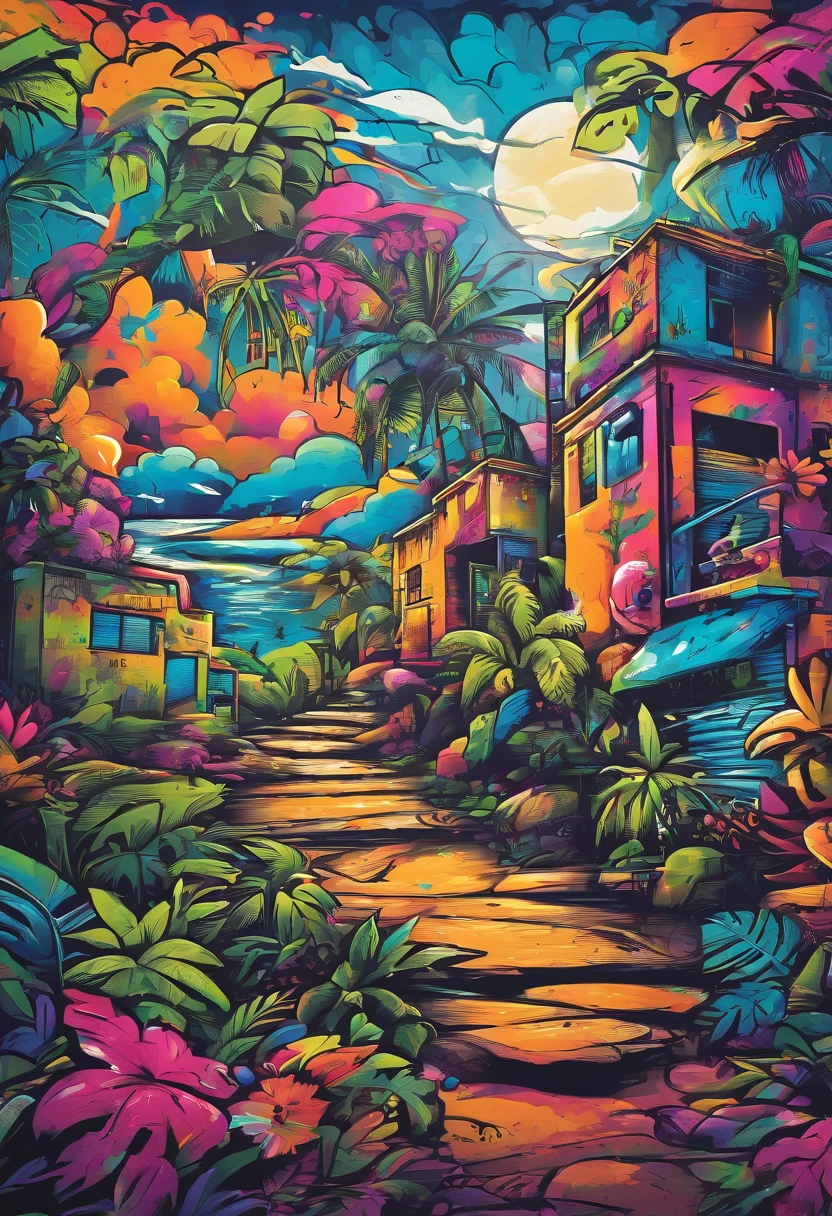 Prompt: Graffiti, Tropical, The whole picture, hight resolution, highly contrast, Hawaiian,