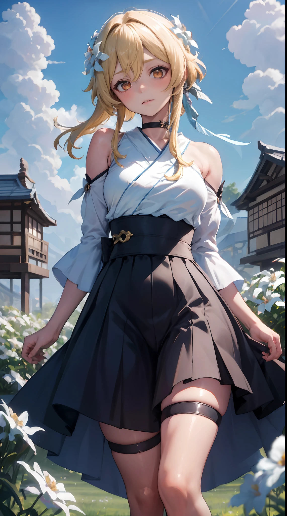 Lumine | genshin impact, master-piece, bestquality, 1girls,25 years old, proportional body, proportional., Hanbok , Long skirt, bara, choker, arm behind back, Outdoor Stand, Flower in the middle of the flower, shiny sky, View viewers from the front., Thigh strap, Head tilt, bored, 10, 10, HD, 10 ,