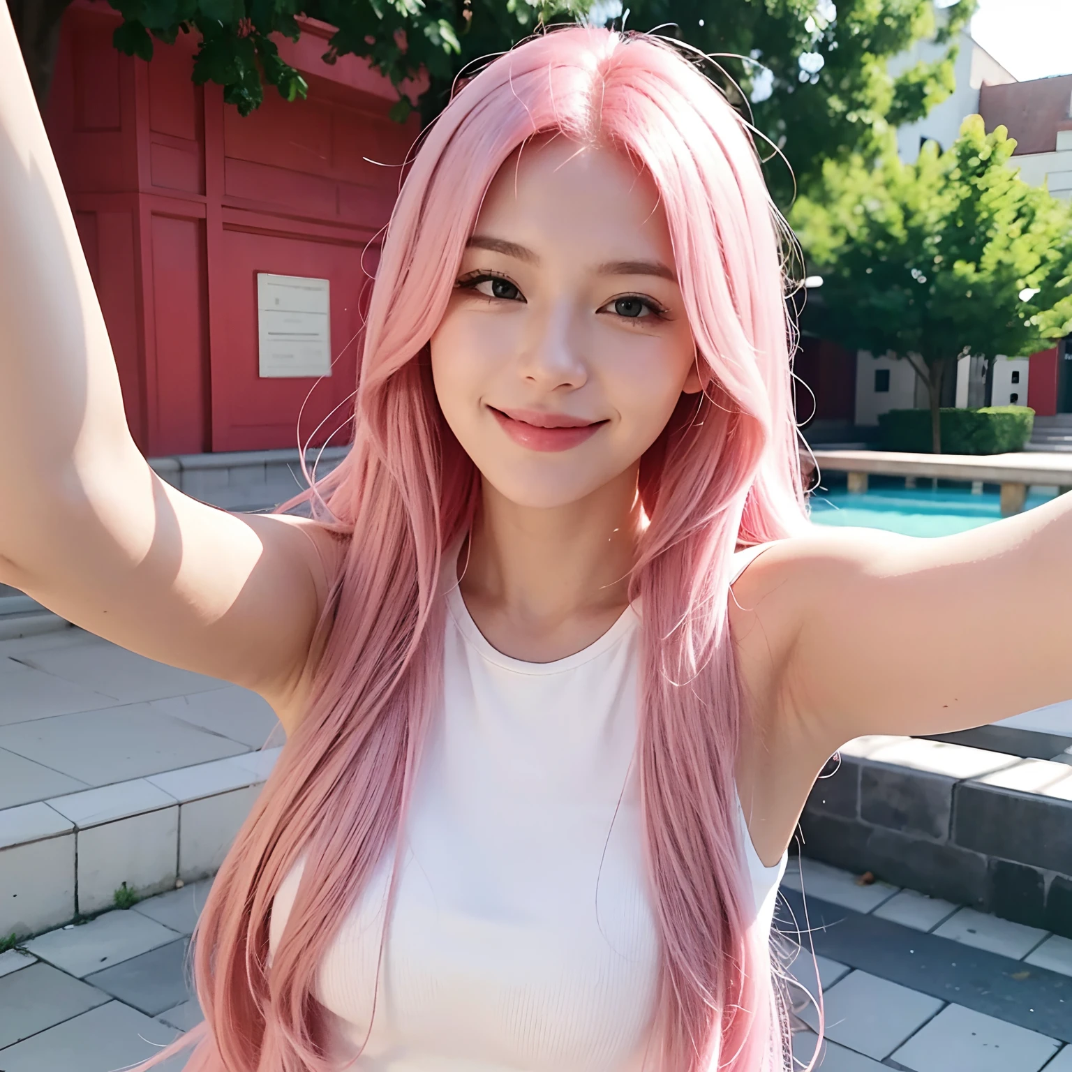 official art, masterpiece, sharp focus, (beautiful gorgeous cute korean woman:1.3), (beautiful cute korean woman:1.3), korean beauty, delicate and beautiful hair and eyes and face, realistic, super detailed, beauty girl, blue sky, glow white particles, (side light: 1.2), sunshine, white clouds, fine clouds, slender, pretty breasts and big buttocks, smile with teeth, ((laugh with eyes, open both eyes )), scenery, long straight hair, sexy look, buildings, (cityscape: 1.7), dynamic hair, long straight hair, detailed platinum pink hair, sparkling blue eyes, (blue pleated shirt + white skirt) , white long socks, white skin, hair ornaments, magnificent scenery,
