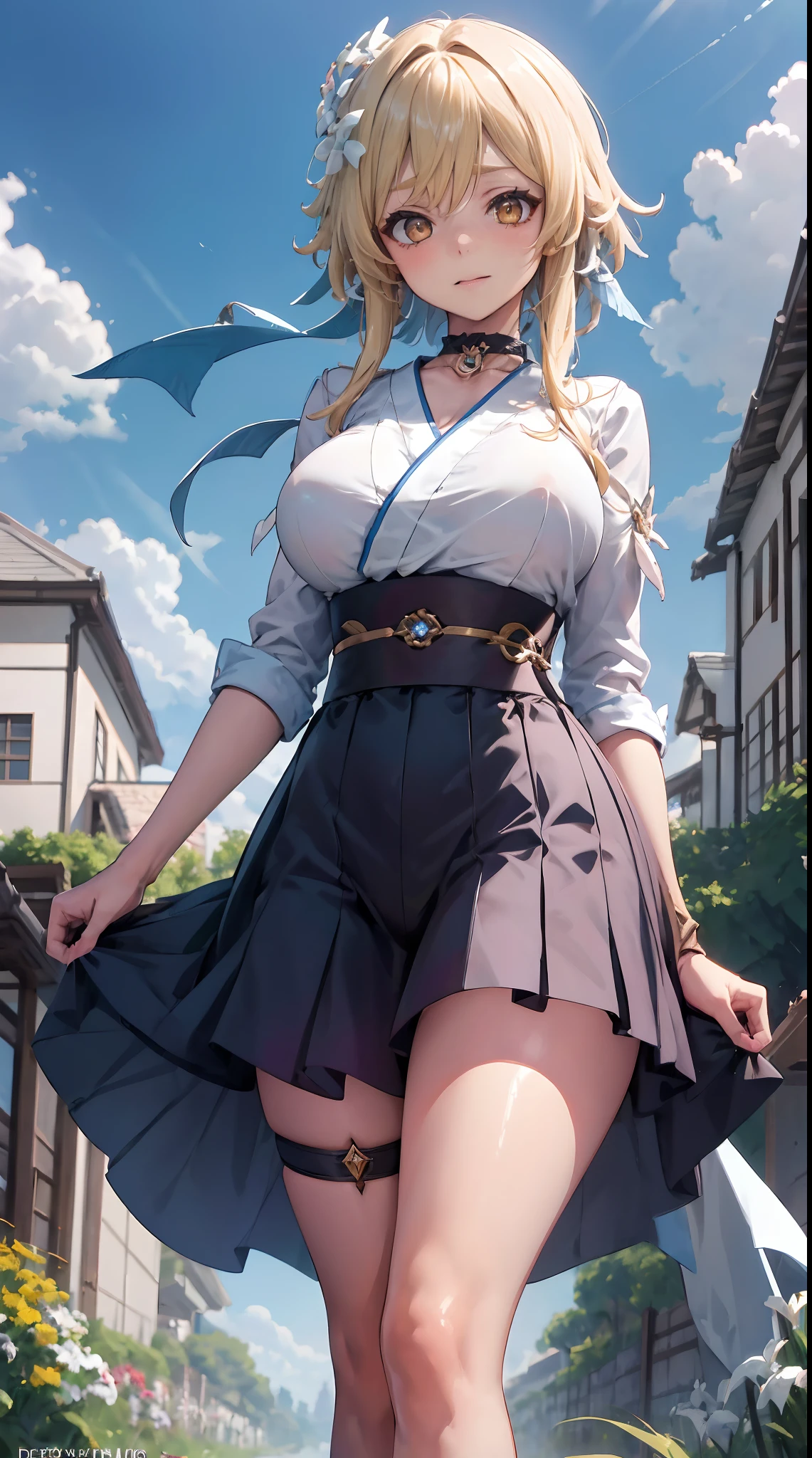 Lumine | genshin impact, master-piece, bestquality, 1girls,25 years old, proportional body, proportional., gigantic breasts, Hanbok ,bara, choker, arm behind back, Outdoor Stand, Beautiful Javelin Central Challenge., shiny sky, View viewers from the front., Thigh strap, Head tilt, bored, 10, 10, HD,