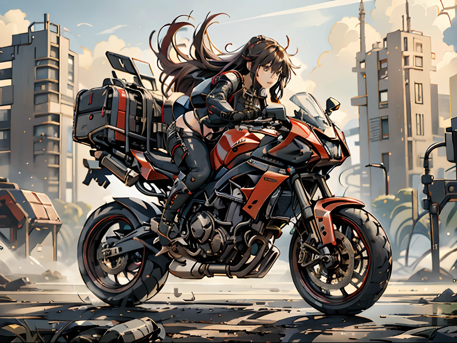 (Best Quality,4K,High resolution), high-level image quality、High quality pixels、Resolution up、Female rider riding motorcycle drifting on public road、Intricately decorated red rider jacket、Navel Ejection、Tight leather pants、cross belt、Long hair with red highlights on black hair、Expression of a sense of speed and dynamism、Metallic Red Bike、Realistic depiction with delicate details、sharp eye、Full body projection、futuristic background