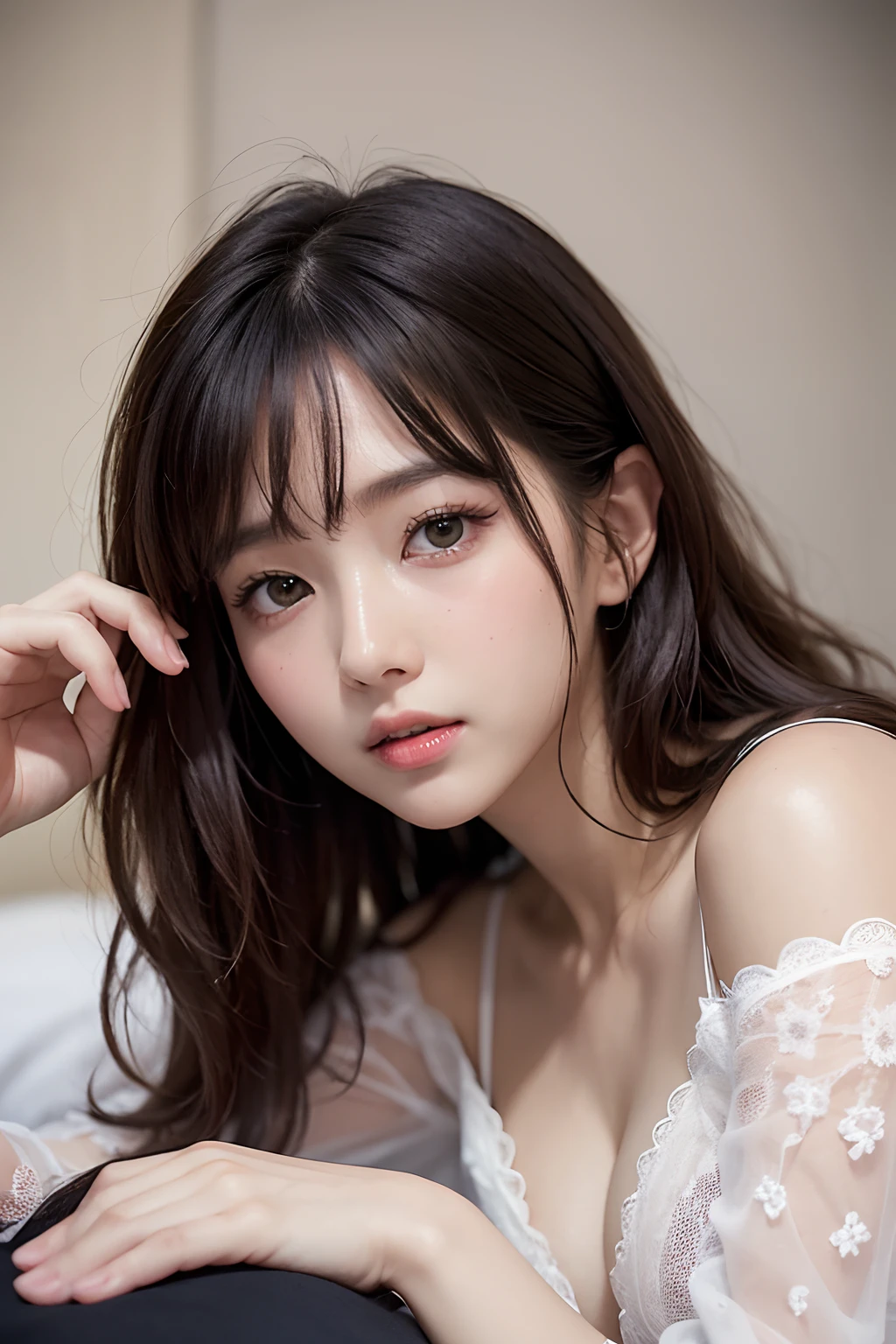 Top image quality、Raw photography、超A high resolution、Cute girl at 18 years old、Shooting for one person only、big round chest、Black tank top、Beautiful Eyes of Details、very elongated eyes、Beautiful eyelashes、Beautiful double eyelids、Lying on your back on a large bed、White bed、shorth hair、a short bob